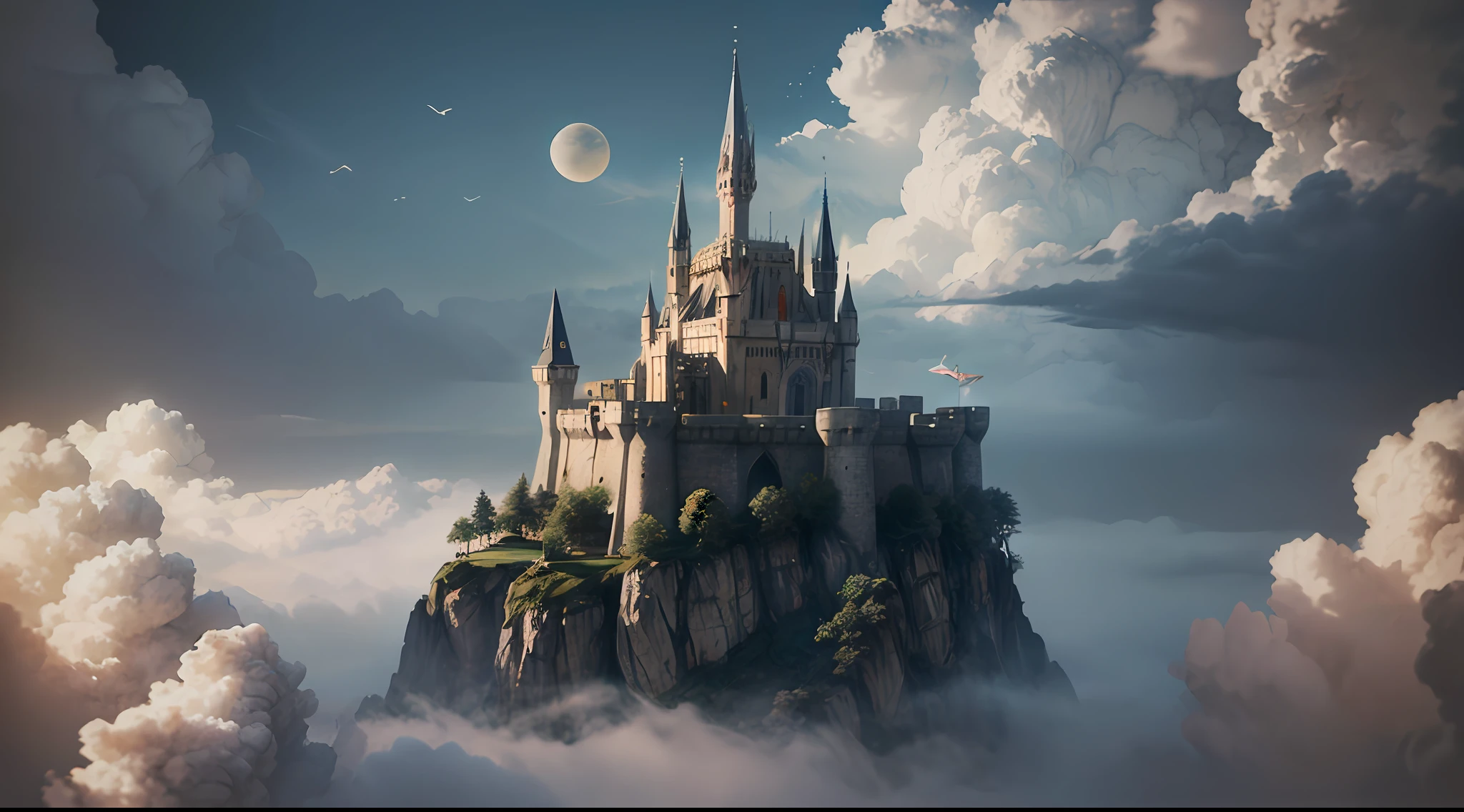 airborne view, castelo colossal no alto de uma montanha, floating in the clouds with many towers and spires, minas tirith, altamente detalhado, Highresolution, dramatic lighting, detailed acrylic, complexidade intrincada, soft natural volumetric kinematic light, oil painting