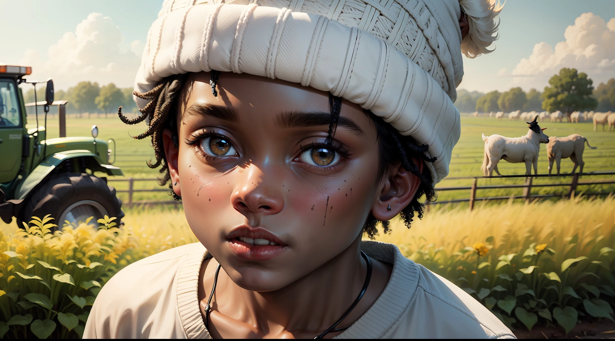 1 young black boy (slave), helping on the farm, with (a white beanie cap on the head), illustration is in high definition in 4k resolution, with highly detailed facial features and cartoon style visuals. --auto