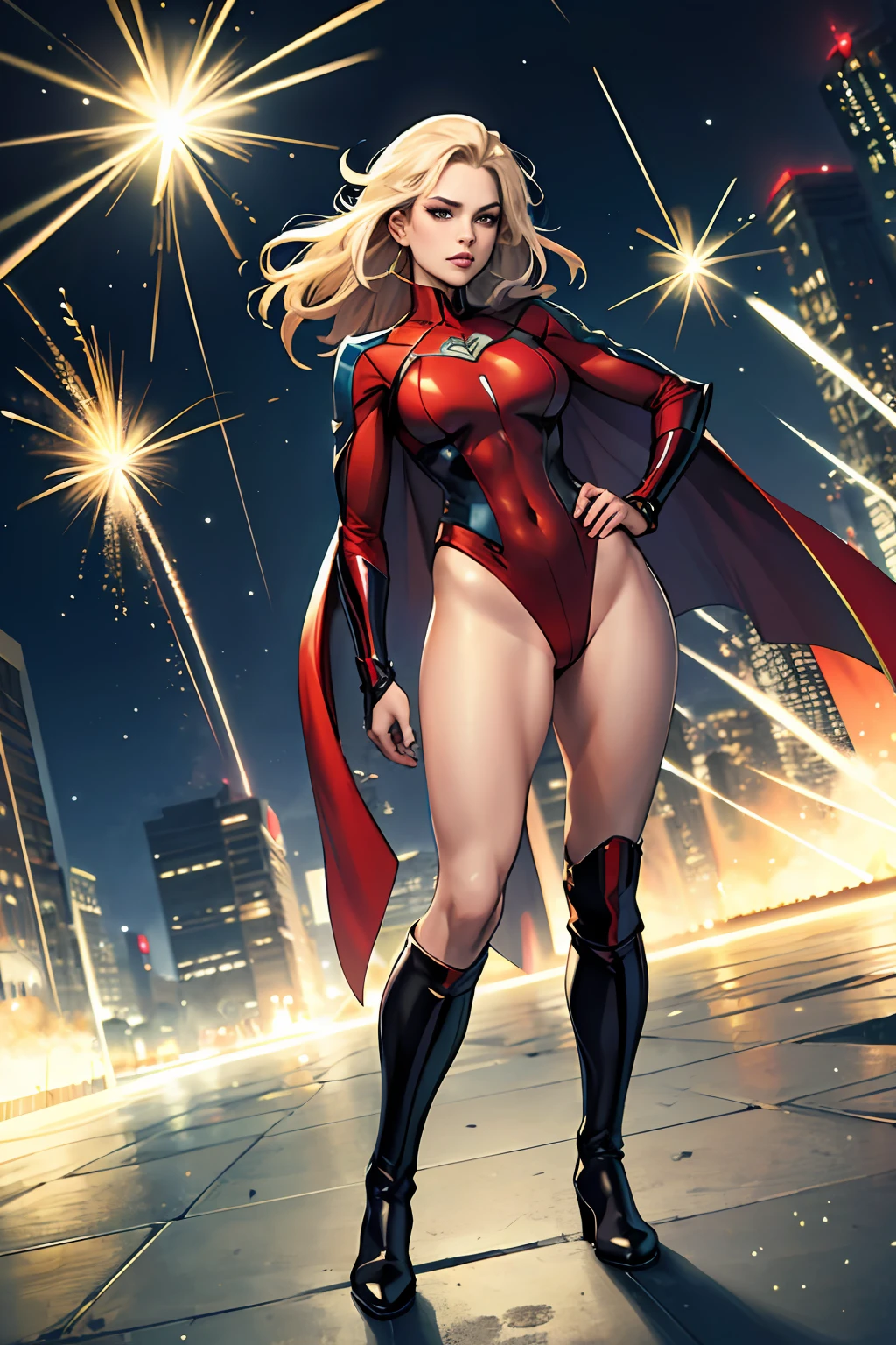 ((masterpiece)), ((best quality)), ((highres)), beautiful woman, splash art, 8K, solo, superhero, bare legs, (tight leotard: 1), hands on hip, city backdrop, knee boots, (perfect hands: 1), sparkling aura, light particles