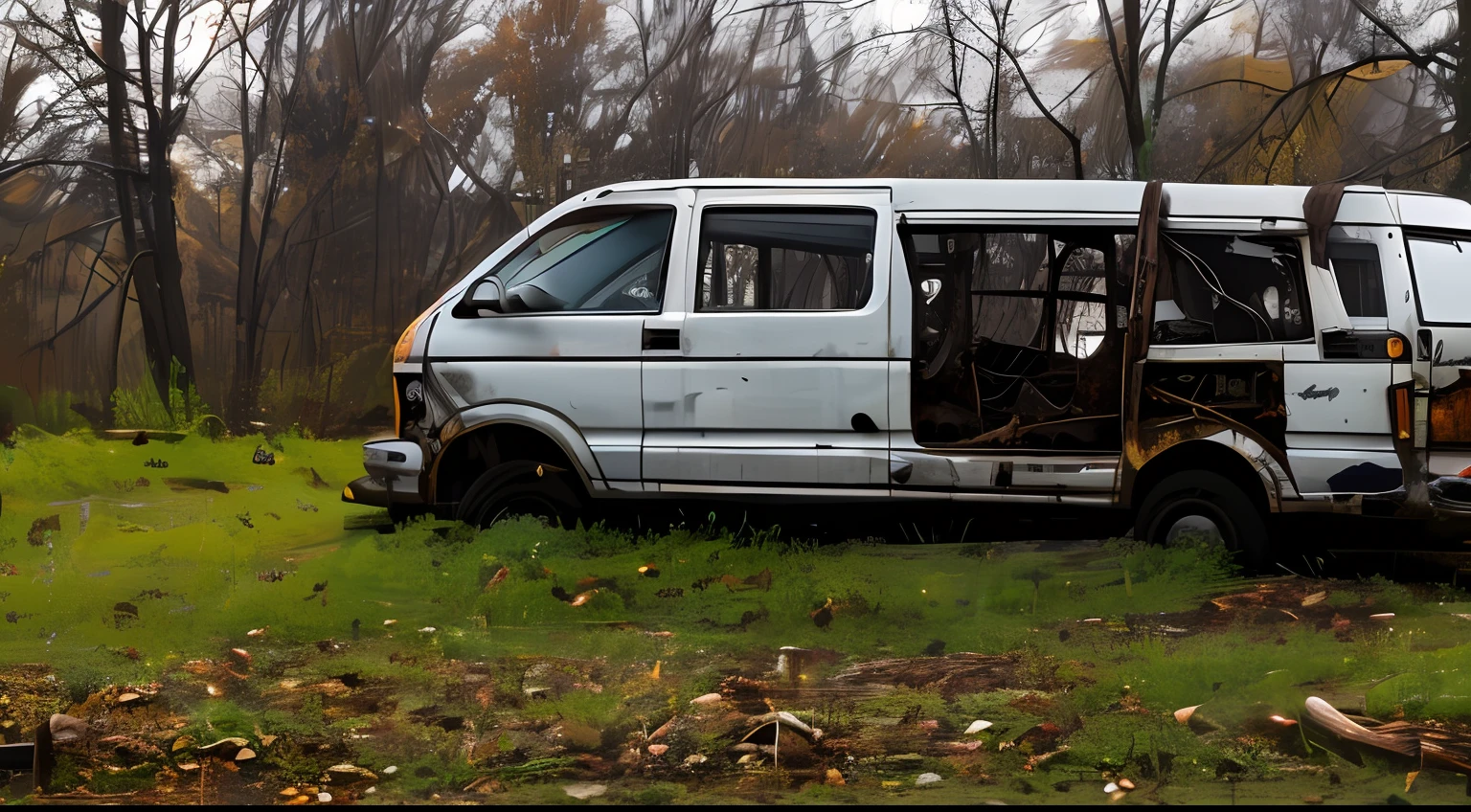 postapocalypse, photo of wrecked old van, natural lighting, 8k uhd, high quality, film grain, Fujifilm XT3 --auto