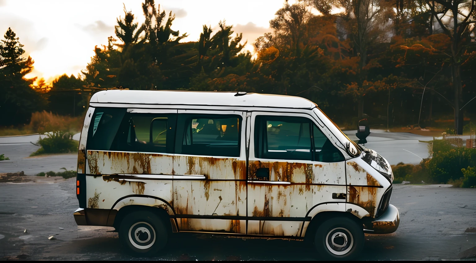 postapocalypse, photo of wrecked old van, natural lighting, 8k uhd, high quality, film grain, Fujifilm XT3 --auto