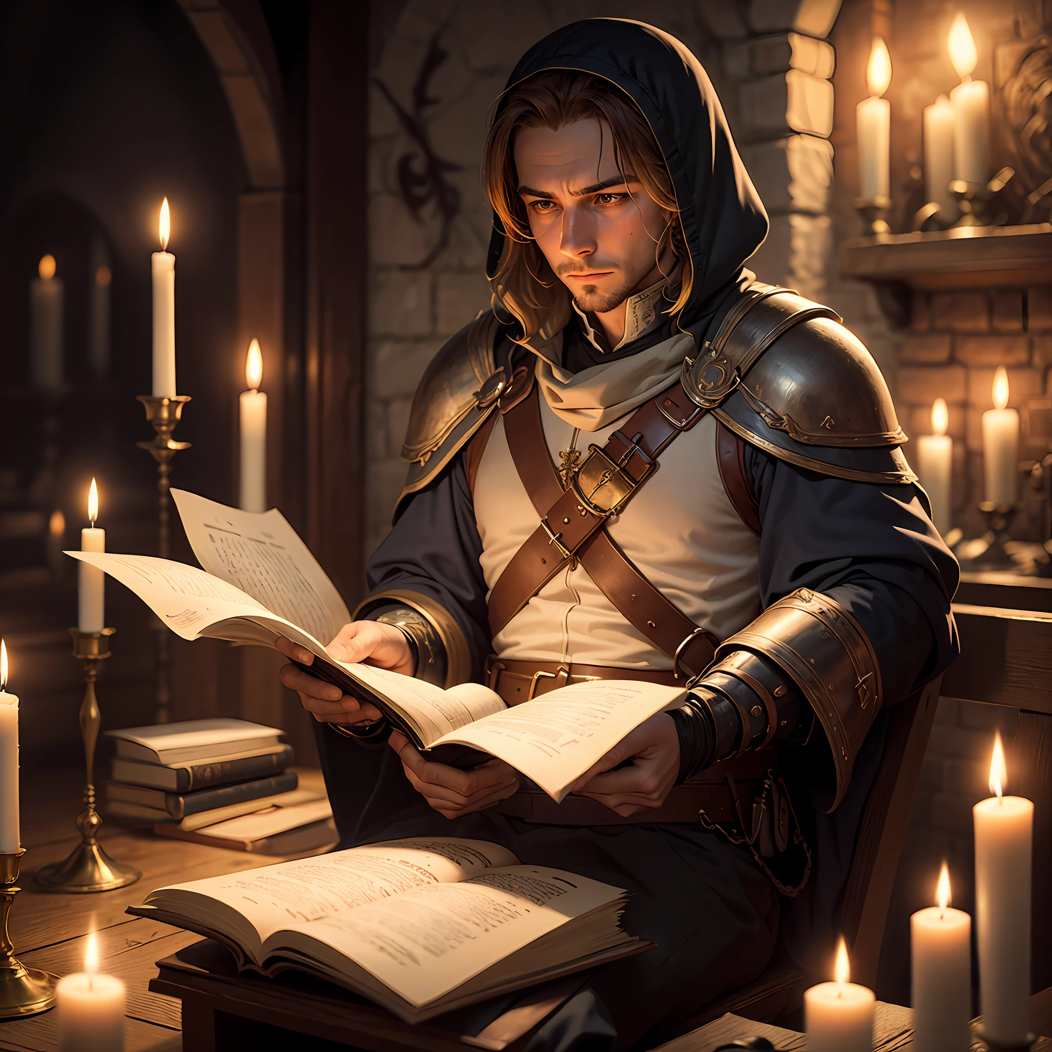 Soldado elfico medieval de armadura pesada e cicatriz no olho esquerdo, Reading a scroll by candlelight