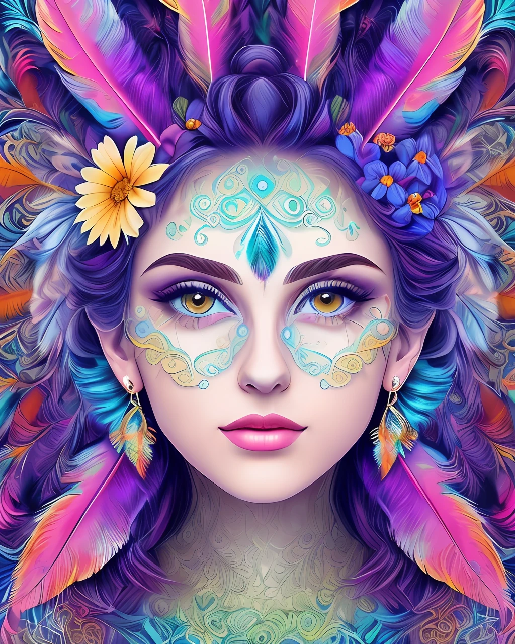 (perfect face, masterpiece, top quality, best quality, official art, beautiful and aesthetic:1.2), (1girl:1.3), extremely detailed,(fractal art:1.1),(colorful:1.1)(flowers:1.3),highest detailed,(zentangle:1.2), (dynamic pose), (abstract background:1.3), (many colors:1.4), ,(earrings),  (feathers:1.5)