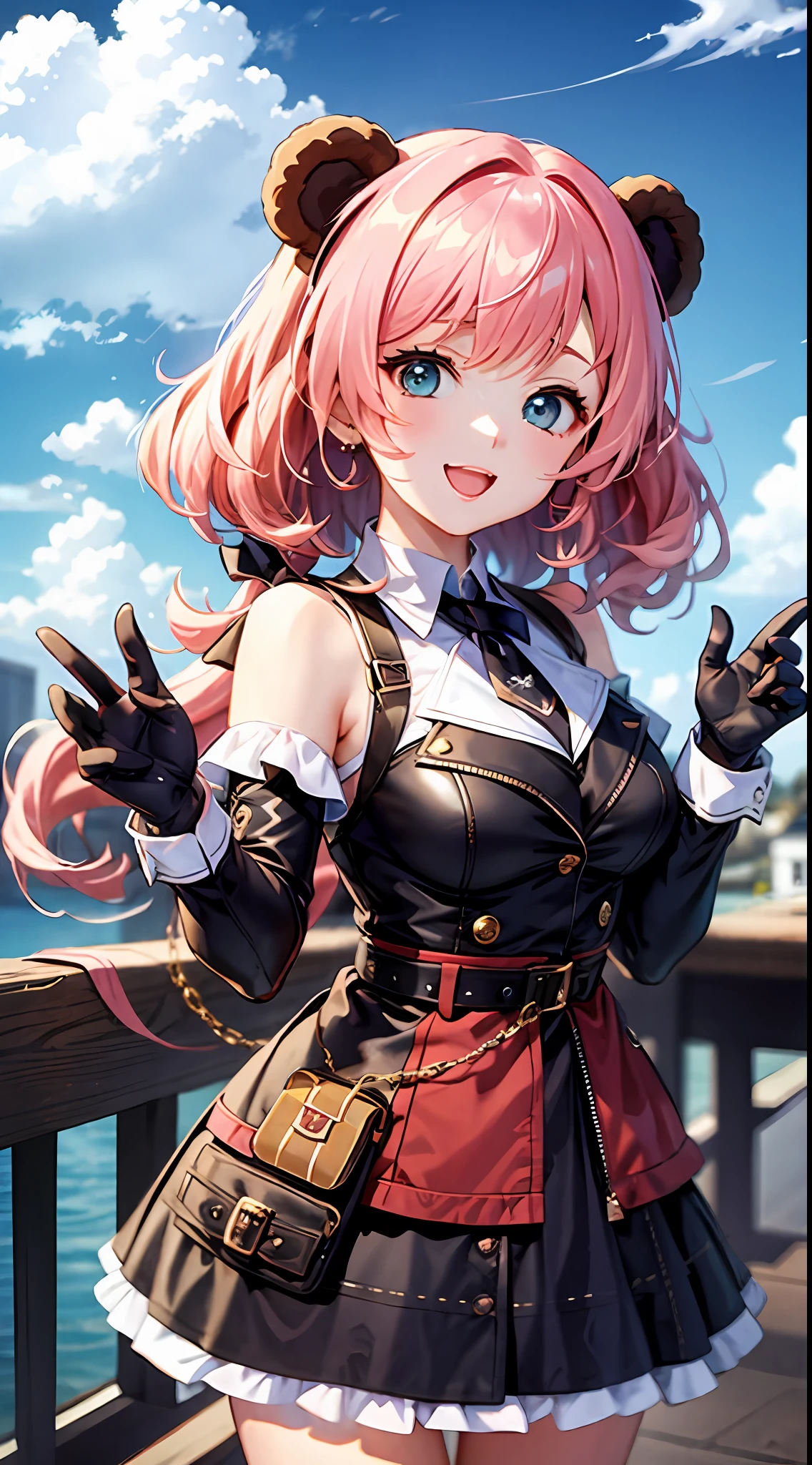 Anime Kumakuma Kuma Bear、Bear costume、Pink hair、kawaii girl、A high-resolution、high picture quality、Sorrisos、hig quality、blue sky、