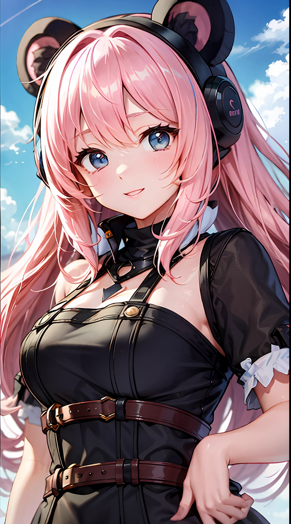 Anime Kumakuma Kuma Bear、Bear costume、Pink hair、kawaii girl、A high-resolution、high picture quality、Sorrisos、hig quality、blue sky、