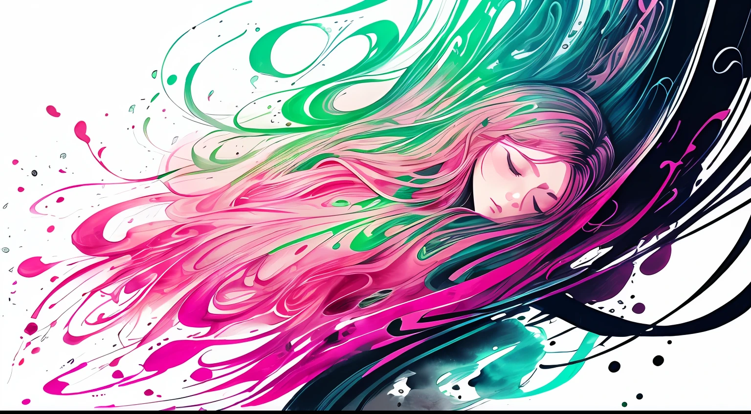 (ink art, ink illustration, green and pink ink, rough: 1.4), 1girl, solo, (flowing lines), dreaming, dreams, sleeping, eyes closed, floating, hair down, hair flowing in ink, swirling ink, highly detailed, multicolored background, ((abstract)) --auto