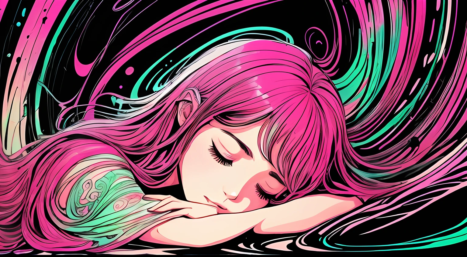 (ink art, ink illustration, green and pink ink, rough: 1.4), 1girl, solo, (flowing lines), dreaming, dreams, sleeping, eyes closed, floating, hair down, hair flowing in ink, swirling ink, highly detailed, multicolored background, ((abstract)) --auto