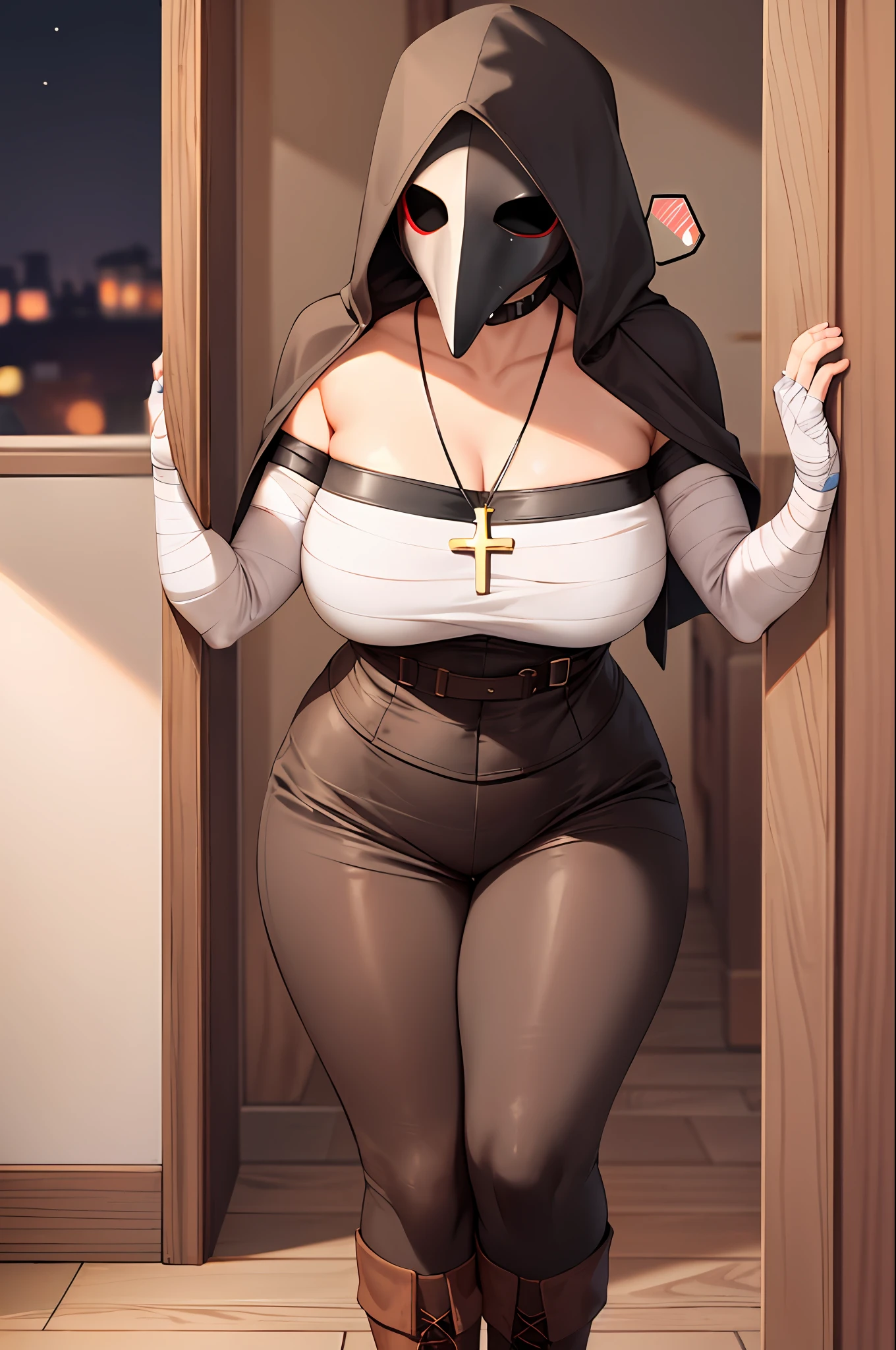 plague doctor, 1girl, solo, hood, mask, gloves, faceless, plague doctor mask, tabard, medieval, breasts, arms at sides, wide hips, exposed thigh, embarrassed, heavy blush, blushing, thick thighs, medium breasts, indoors, floorboards, wood railing, window, bloom, wood table, midriff, nun, bandages, night, cross necklace, tall leather boots, dark room, viewing from below, standing over viewer, kabedon, arms over viewer, heart eyes, (spoken heart), heavy breathing, sfw, closeup, mature woman,