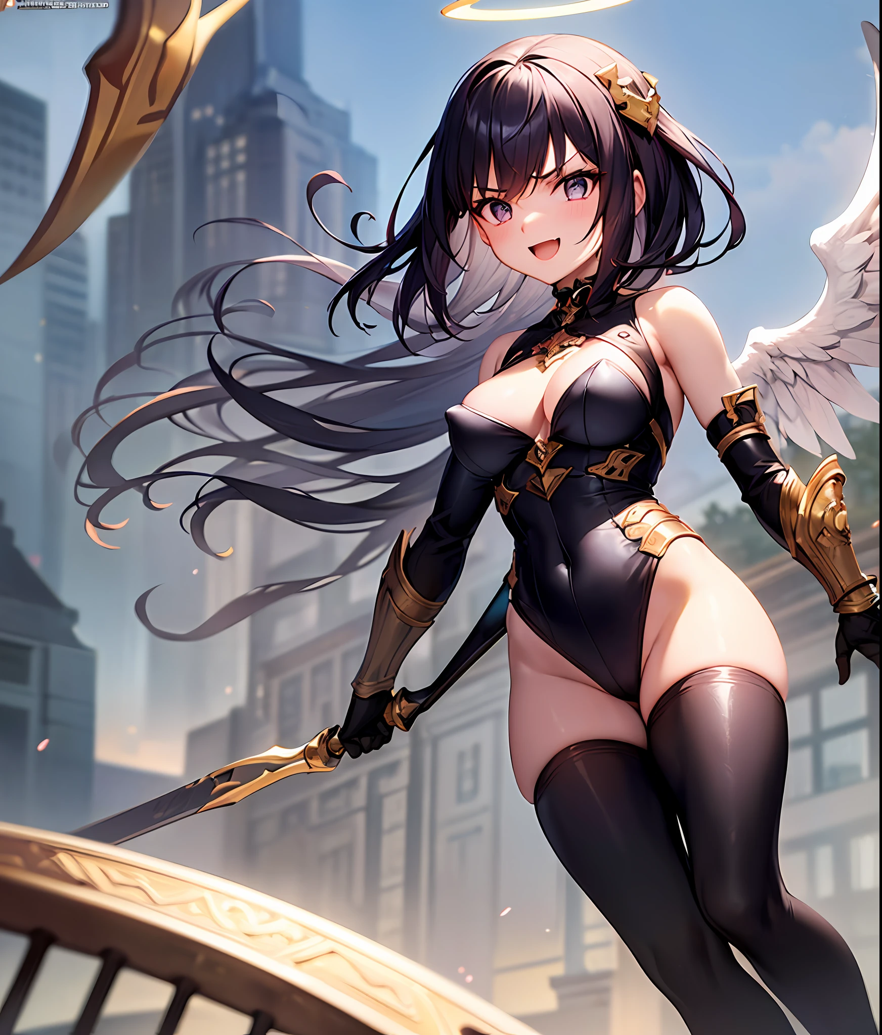 fantasy, 1angel_girl, loli,dk_color_hair, medium_bob_hair, long_bangs, halo,bare_shoulder,thighhighs,silver_armor, waist_armor, large_breasts,angry,smile,open_mouth1pair_wings, dynamic_ pose_fighting,floating, bare_crotch, covered_nipples, covered_pussy,headgear,gauntlet, greaves, pelvic_curtain, city_sky_background,slightly_spread_legs, solo, groin_naked,(masterpiece, best quality, best quality, official art, beautiful and aesthetic:1.2), (1 girl), very detailed,