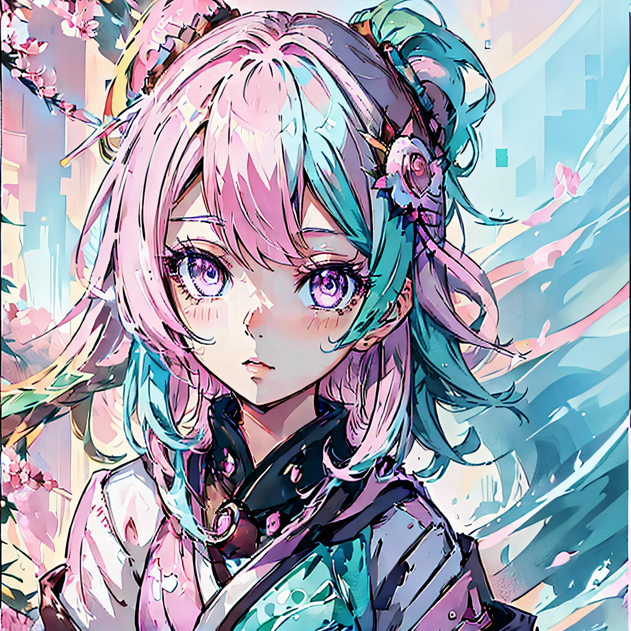 1girl, Solo, Solo Focus, Cowboy Shot, Portrait, Extra Large Parker, Aqua Green and White Parker, Half Aqua, Half Green, ((Brown Short Hair)), Curly, ((Pink Eyes)), Ultra Detailed Eyes, Tan, (Dark Skin:0.7), Top Quality, Ultra Detailed, White Background, Simple BackgroundWith digital manga style illustrations suitable for SNS icons, Draw a teenage woman in a hoodie in the back. She is a Japan person and the image should reflect the unique aesthetics of Japan manga. The hoodie is casual and comfortable, and she wears it with a youthful, energetic vibe. The colors should be vivid, reflecting the lively spirit of manga art.