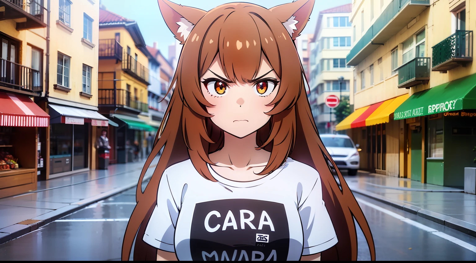 obra maestra, Raphtalia, brownhair, orejas de animal, ojos rojos, cara enojada, angry, camiseta blanca, en medio de la calle, retrato
