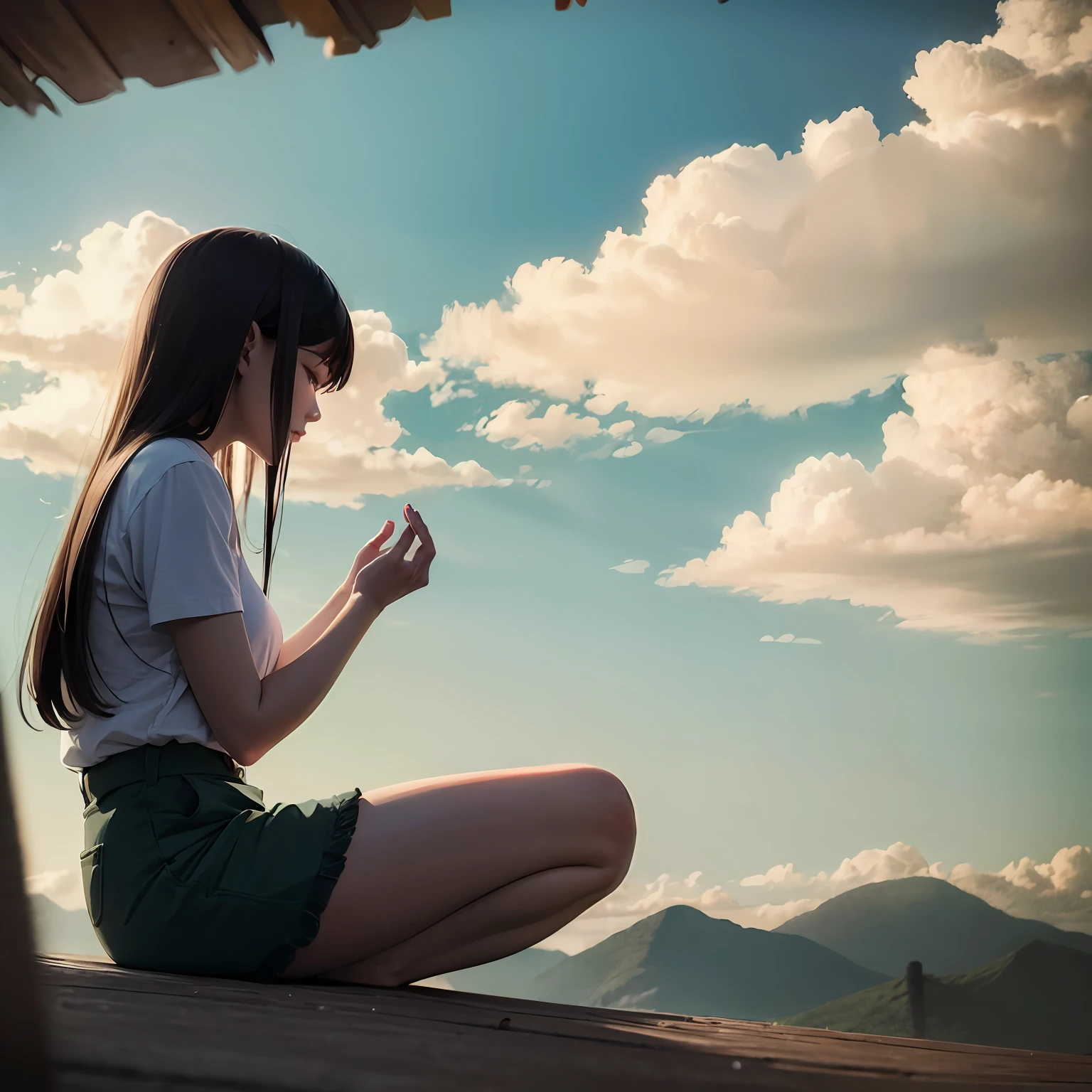 Illustration of a person sitting in meditation, with thoughts and worries flowing like clouds above her. --auto