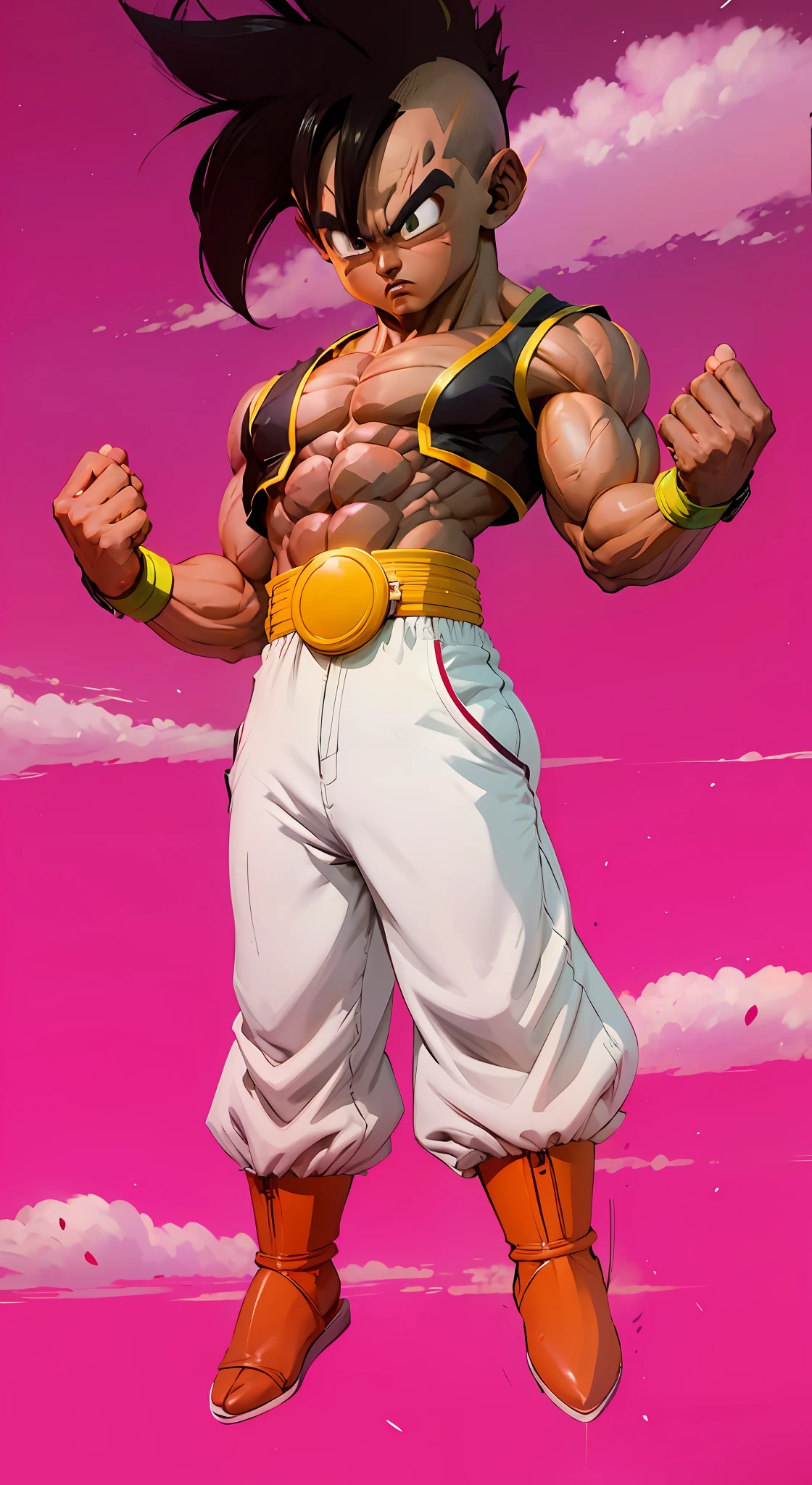 Uub (Dragon ball z), Young muscular boy with black mohawk hair, serious face, jaqueta preta aberta, white pants, sapatos vermelhos, pink sky, Motor Unreal 5, 8k.