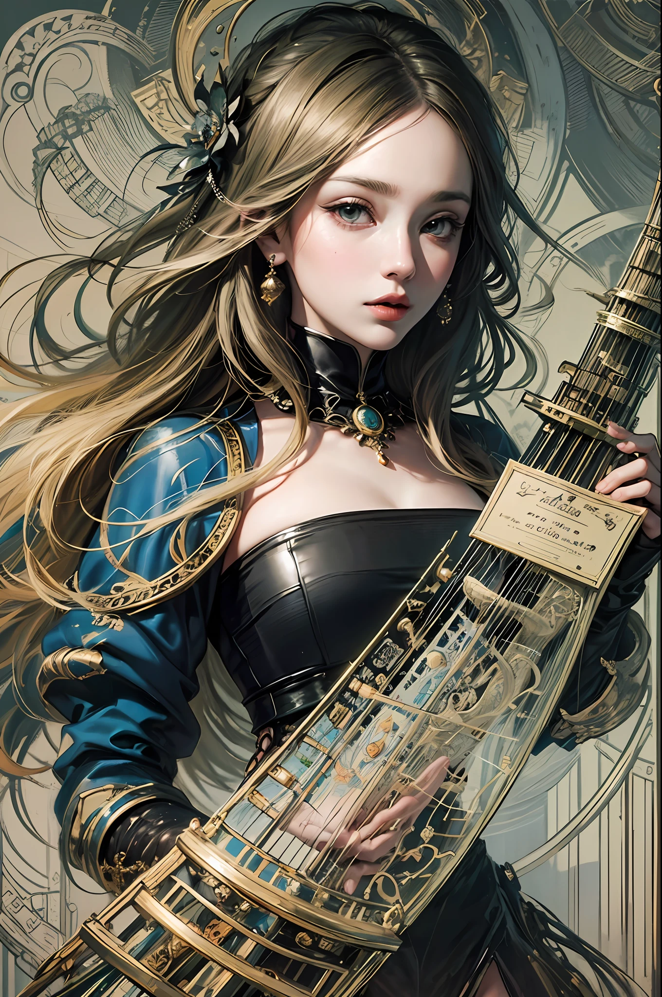 officialart、Unity 8k Wallpapers、Ultra-detail、Beautifully Aesthetic、Meisterwerk、maximum quality、(Zentangle、mandala、entangled、entangled)、(Fractal Art:1.3)、Girl playing one harp、Botticelli、extremely detailed、Dynamic angles、Cowboy Shots、The most beautiful forms chaos、elegant、Brutalist design、Vibrant colors、romanticism、James Jean、roby dwi antono、ross tran、Francis Bacon、Michal Muratz、Adrian Guyney、petra cortright、Gerhard Richter、Takato Yamamoto、Ashley Wood、atmosphere、Ecstasy notes、Streaming notes are displayed
