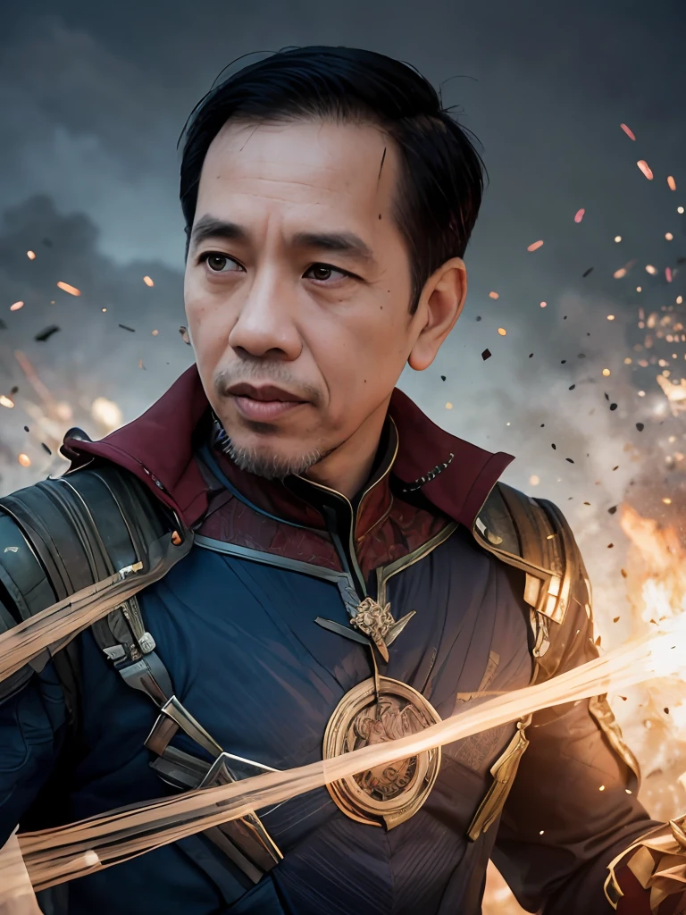 jokowi wear doctor strange outfit, 4k, Best quality, masterpiece, ultra high res, beautiful lighting, (realistic, photo-realistic:1.4), realistic background,1man, 50 years old, standing potrait photo, Long shot, wide shot, full shot, explosion background, use Fire-and-forget Destruction spell on right hand