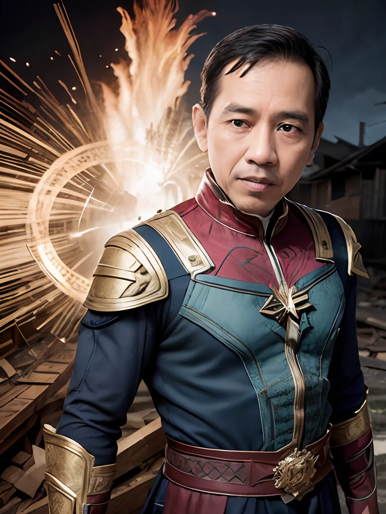 jokowi wear doctor strange outfit, 4k, Best quality, masterpiece, ultra high res, beautiful lighting, (realistic, photo-realistic:1.4), realistic background,1man, 50 years old, standing potrait photo, Long shot, wide shot, full shot, explosion background, use Fire-and-forget Destruction spell on right hand