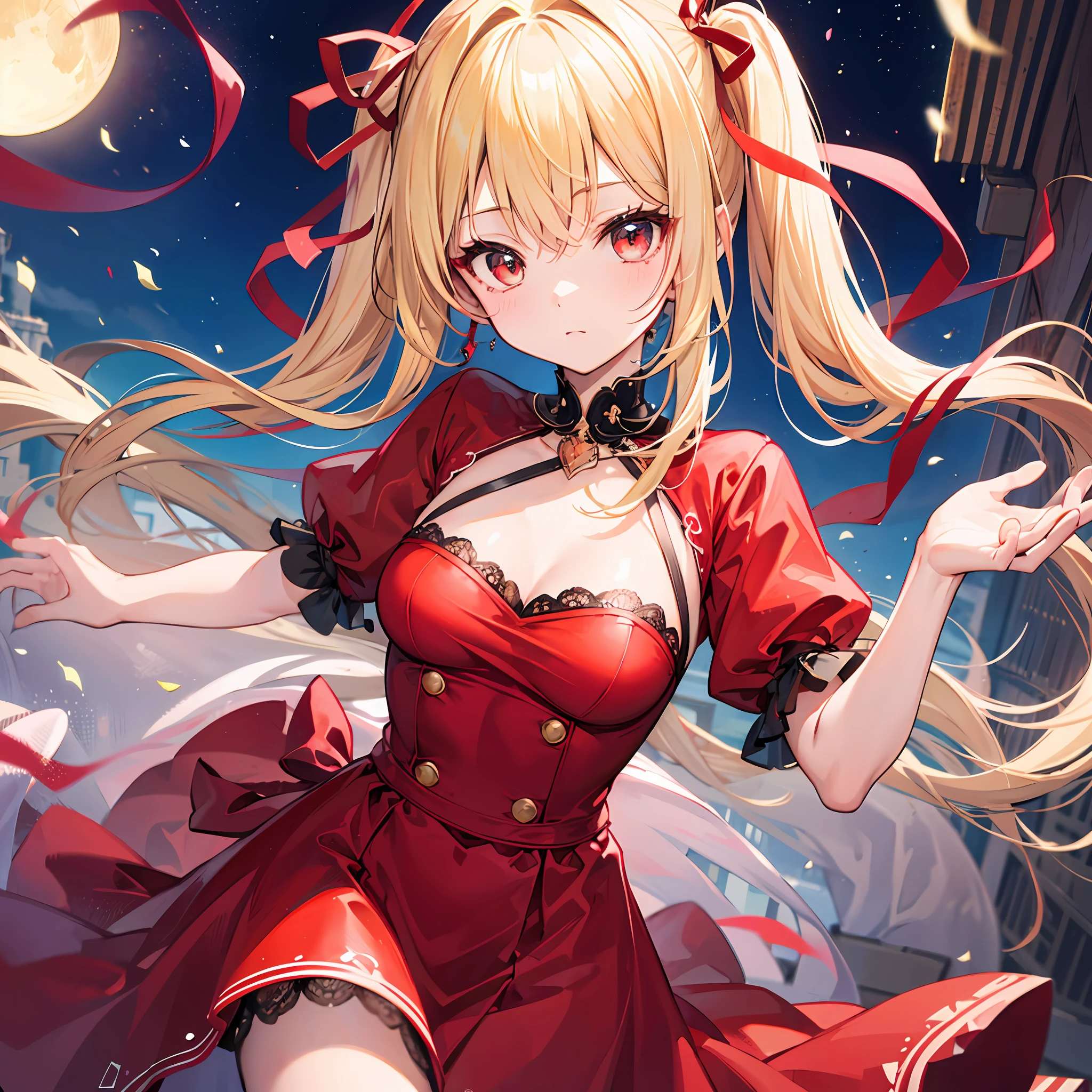One blonde girl、ponytails、Red ribbon、red-eyed、Red dress、night、kk