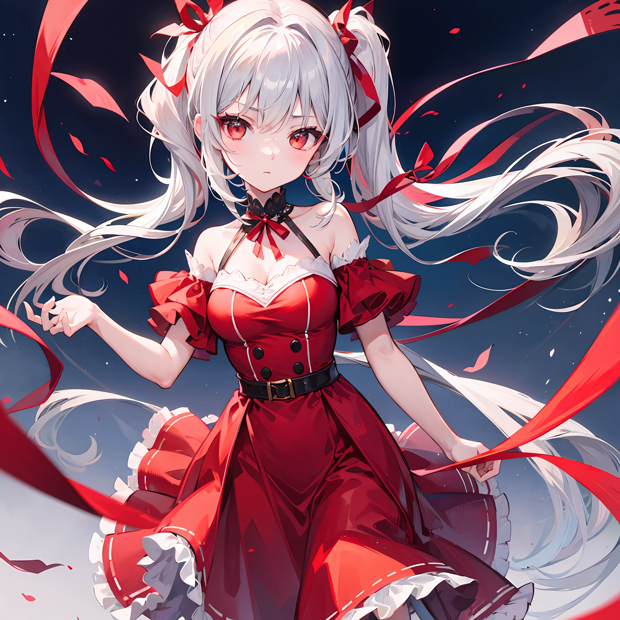 One girl with gray hair、ponytails、Red ribbon、red-eyed、Red dress、night、kk
