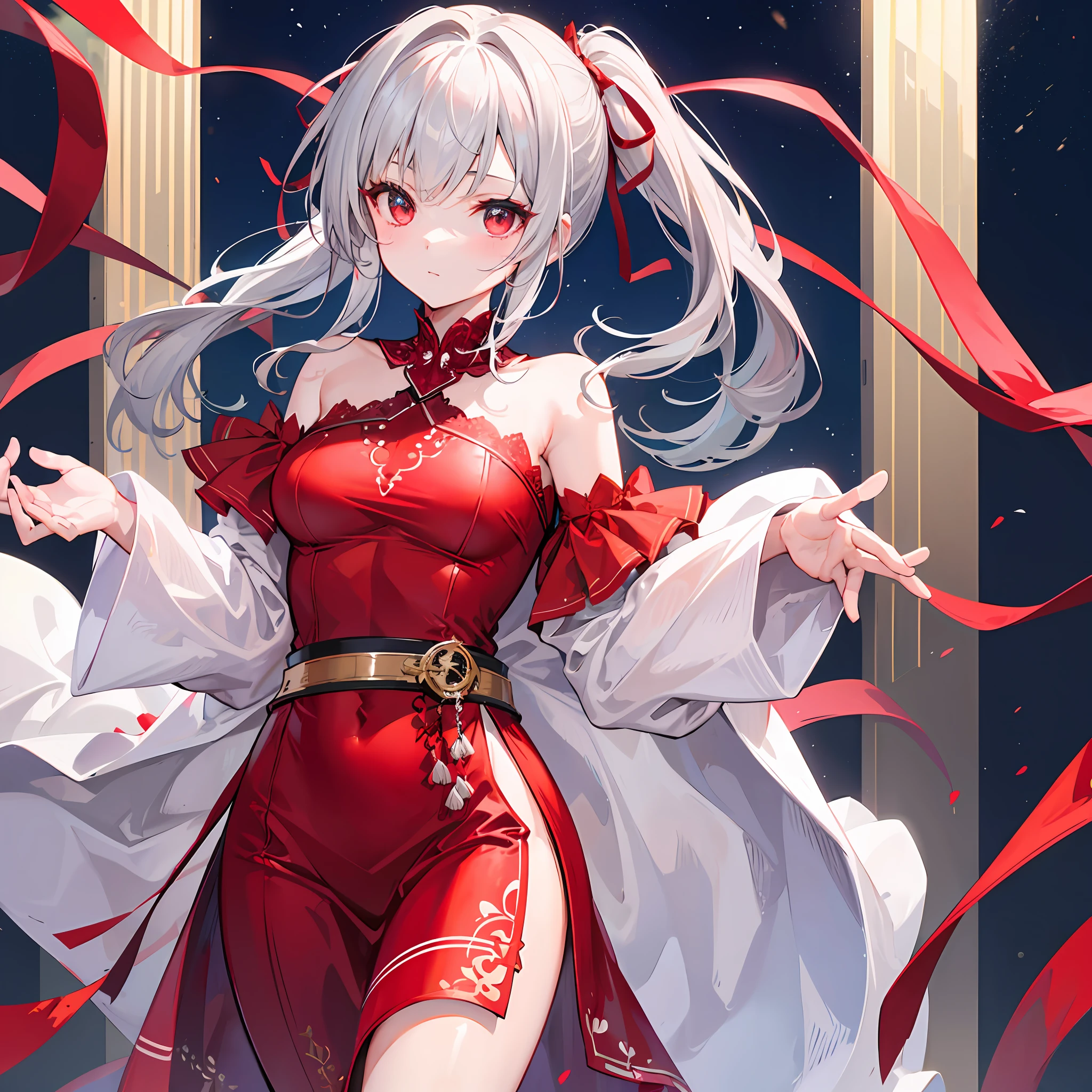 One girl with gray hair、ponytails、Red ribbon、red-eyed、Red dress、night、kk