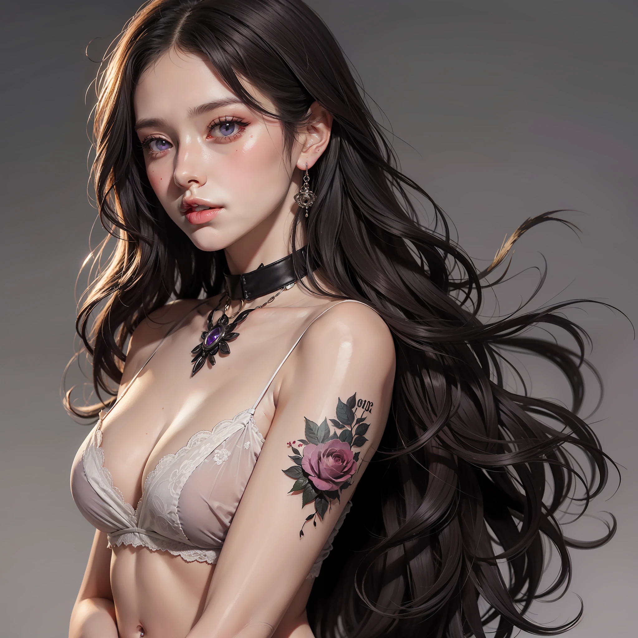 single, long hair, tall image, looking at viewer, blush, violet eyes, black hair, simple background, lips, wind, realistic, grey background, wavy hair, eyeshadow, zombies, Neck tatoo, boca fechada