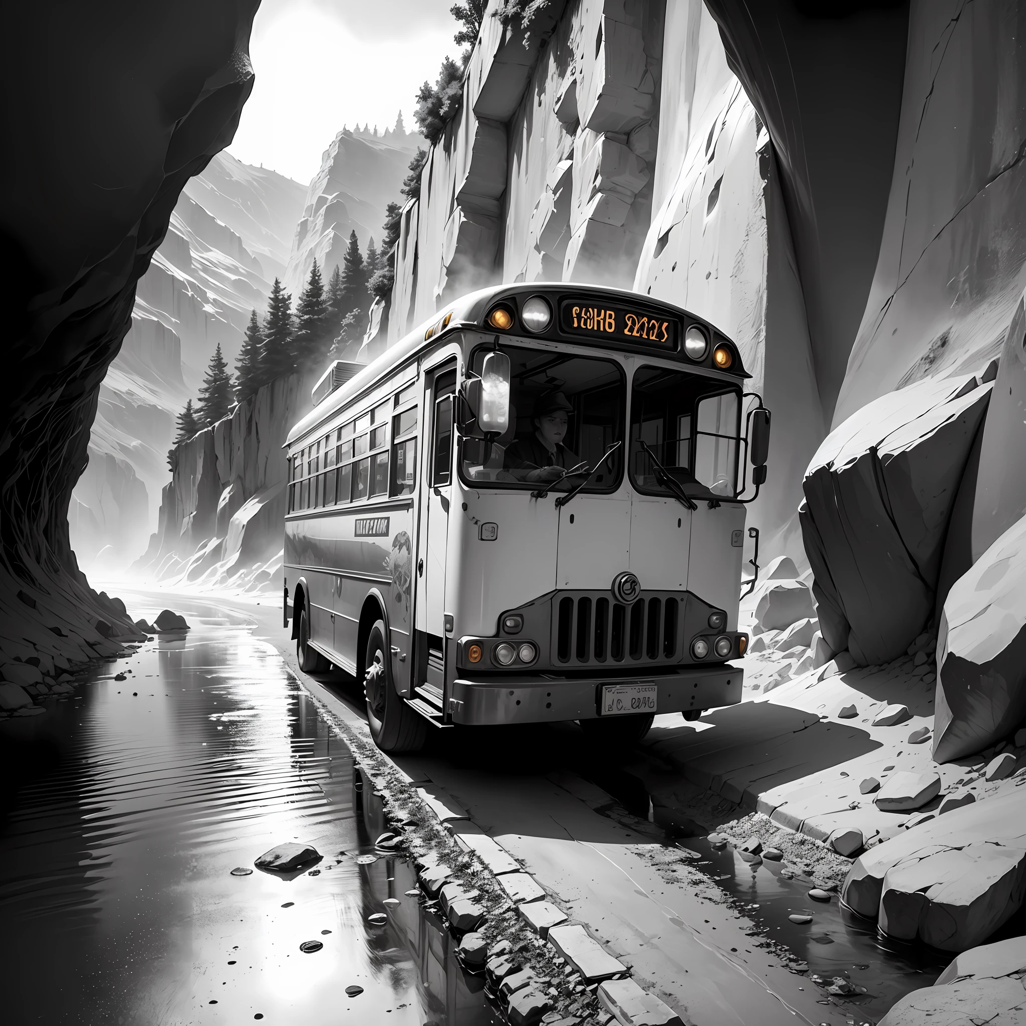 "school bus in an outdoor gorge", original,(illustration:1.2 black and white),(best quality), (masterpiece:1.2), (8k, black and white image, made in HB graphite pencils, school bus in an outdoor gorge --auto