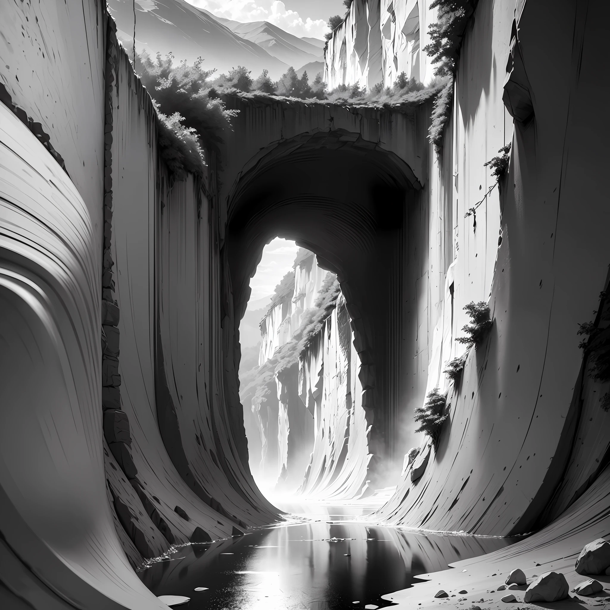 "school bus in an outdoor gorge", original,(illustration:1.2 black and white),(best quality), (masterpiece:1.2), (8k, black and white image, made in HB graphite pencils, school bus in an outdoor gorge --auto