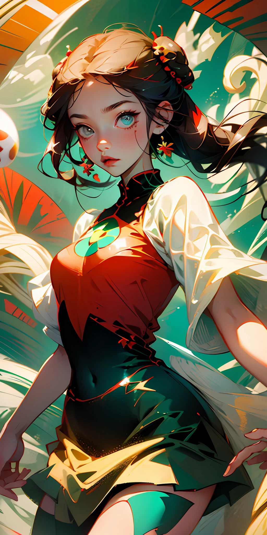 Anime style, studio ghibli, girl wearing ladybug themed outfit, girl flying in the air with ladybugs swirling around, red and black coloring, dichromatic coloring, --auto --s2