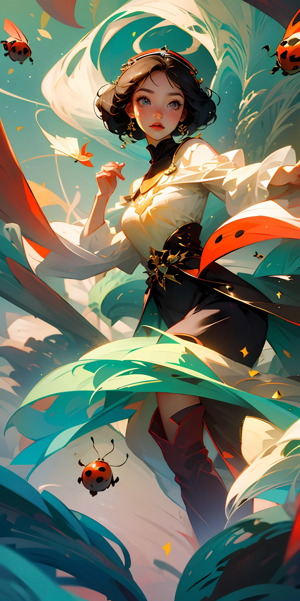Anime style, studio ghibli, girl wearing ladybug themed outfit, girl flying in the air with ladybugs swirling around, red and black coloring, dichromatic coloring, --auto --s2
