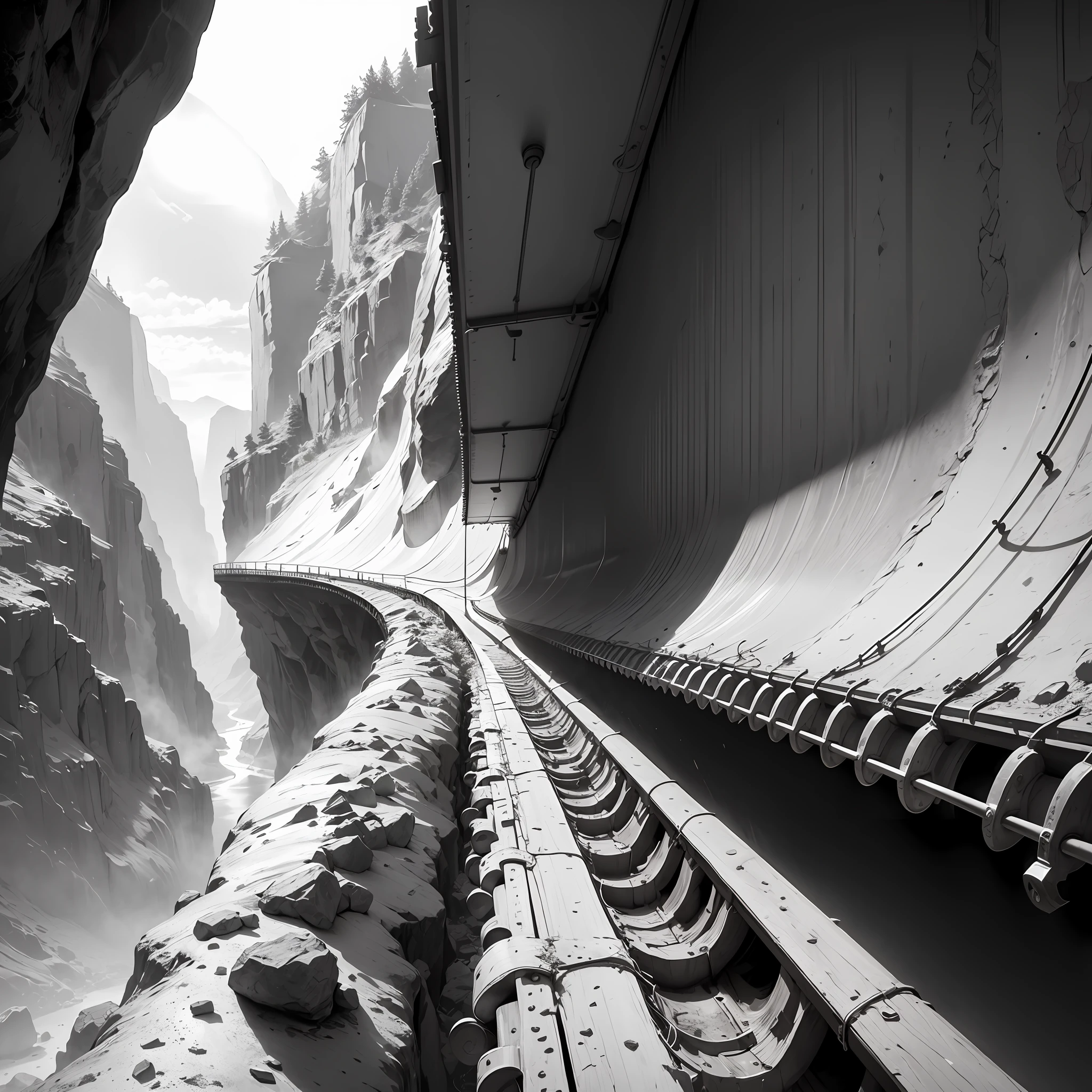 "school bus in an outdoor gorge", original,(illustration:1.2 black and white),(best quality), (masterpiece:1.2), (8k, black and white image, made in HB graphite pencils, school bus in an outdoor gorge --auto