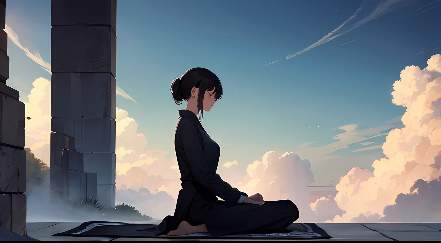 Lustration of a person sitting in meditation, with thoughts and worries flowing like clouds above her. --auto