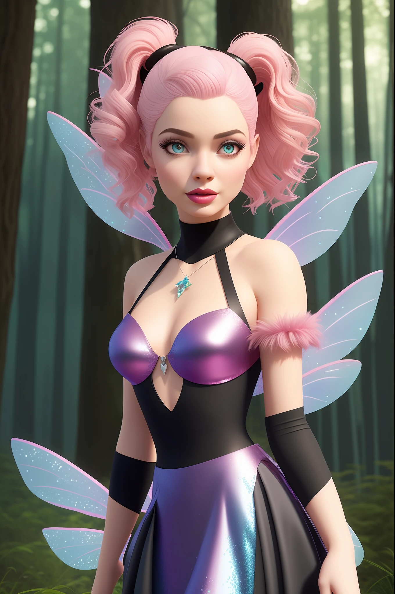 a pixar render disney style fairy girl with big glittery wings, posing, with pink hair, in the style of realistic fantasy artwork, shiny glistening eyes, fairy academia, pink and black, 32k uhd, editorial illustrations, close-up, in a Hidden Village In the fairy forest