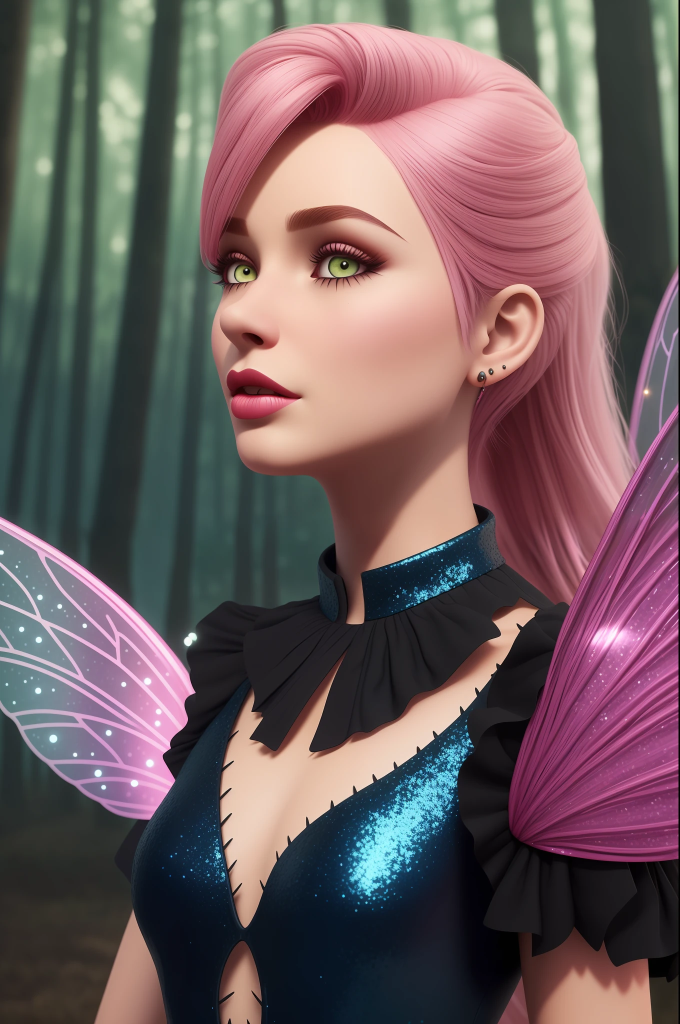 a pixar render disney style fairy girl with big glittery wings, posing, with pink hair, in the style of realistic fantasy artwork, shiny glistening eyes, fairy academia, pink and black, 32k uhd, editorial illustrations, close-up, in a Hidden Village In the fairy forest