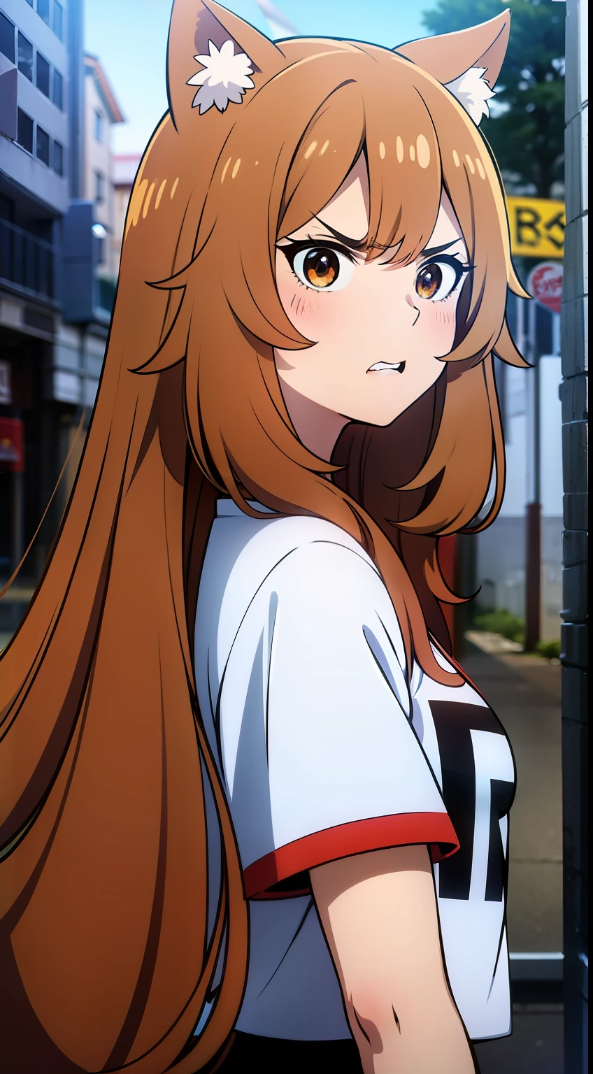 obra maestra, Raphtalia, brownhair, orejas de animal, ojos rojos, cara enojada, angry, camiseta blanca, en medio de la calle, retrato