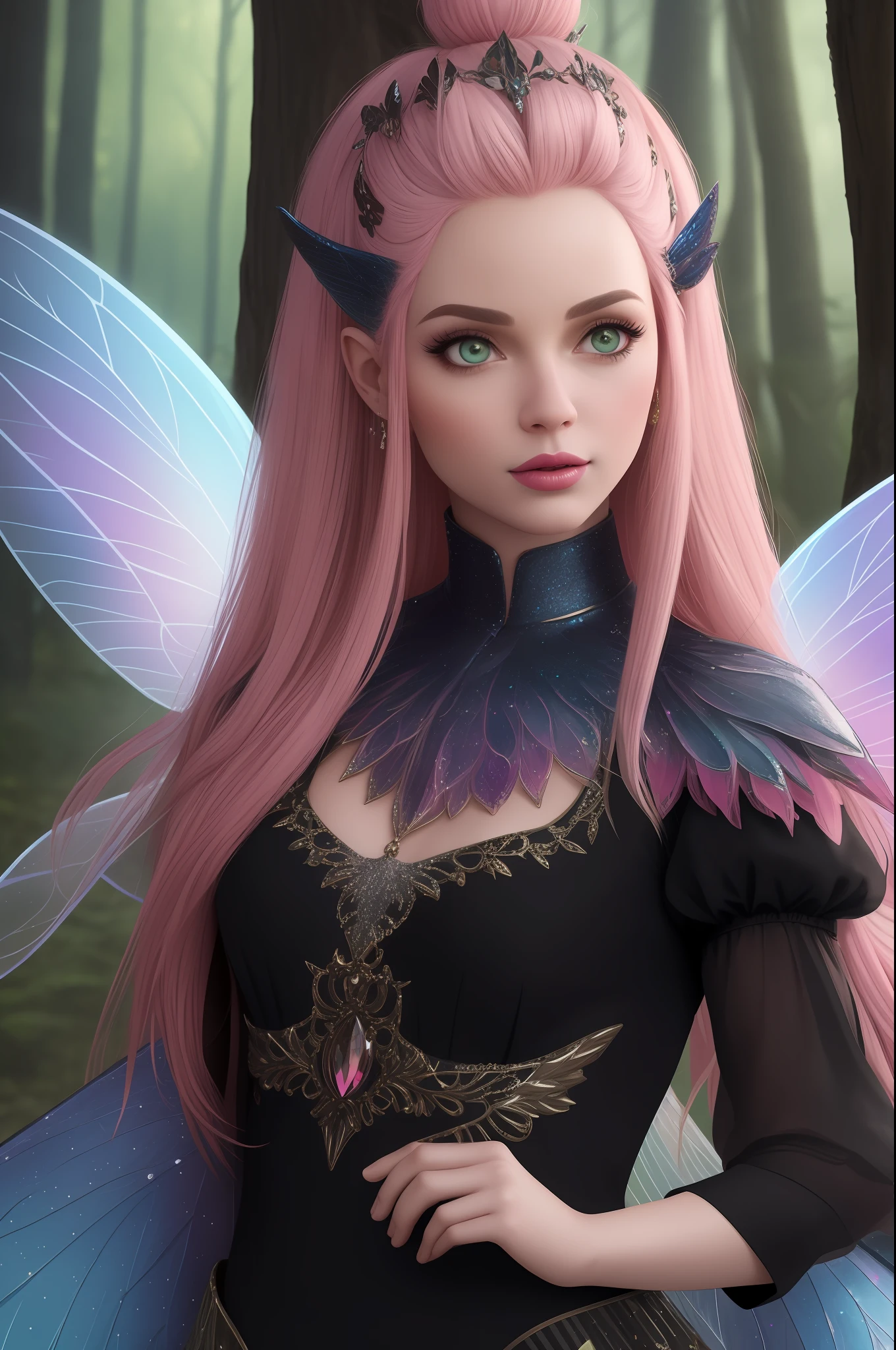 a pixar render disney style fairy girl with big glittery wings, posing, with pink hair, in the style of realistic fantasy artwork, shiny glistening eyes, fairy academia, pink and black, 32k uhd, editorial illustrations, close-up, in a Hidden Village In the fairy forest