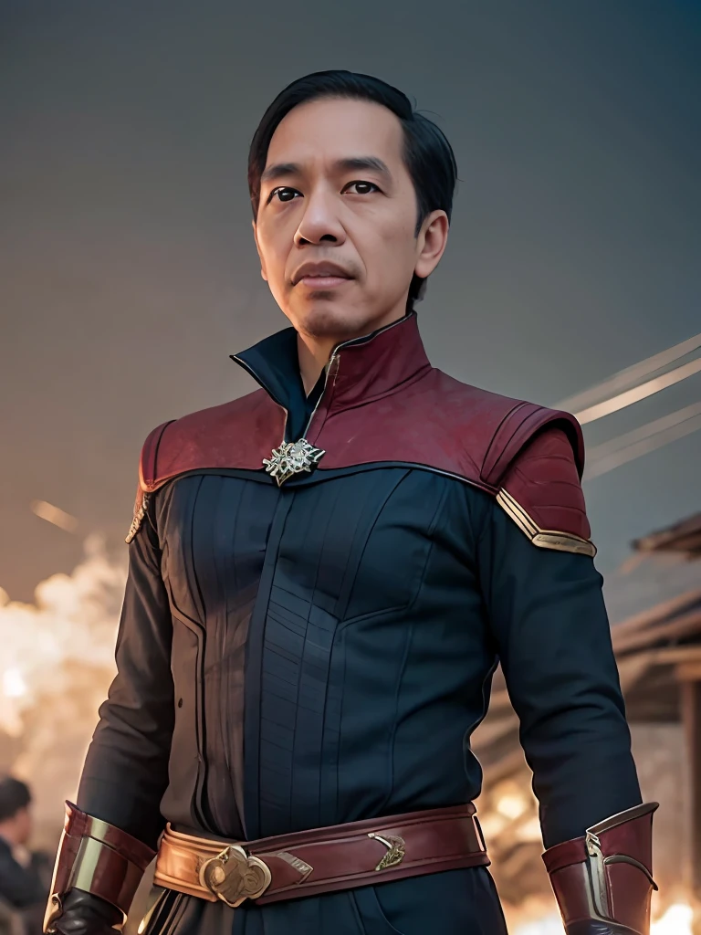 jokowi wear doctor strange outfit, 4k, Best quality, masterpiece, ultra high res, beautiful lighting, (realistic, photo-realistic:1.4), realistic background,1man, 50 years old, standing potrait photo, Long shot, wide shot, full shot, explosion background, use Bolts of Balthakk spell on right hand