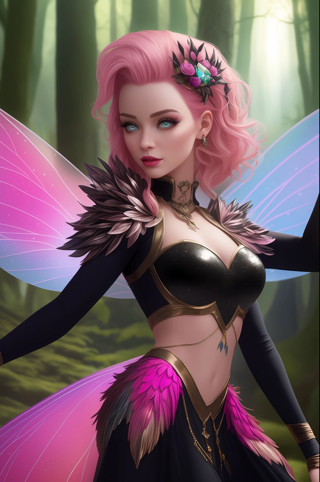 a pixar render disney style fairy girl with big glittery wings, posing, with pink hair, in the style of realistic fantasy artwork, shiny glistening eyes, fairy academia, pink and black, 32k uhd, editorial illustrations, close-up, in a Hidden Village In the fairy forest