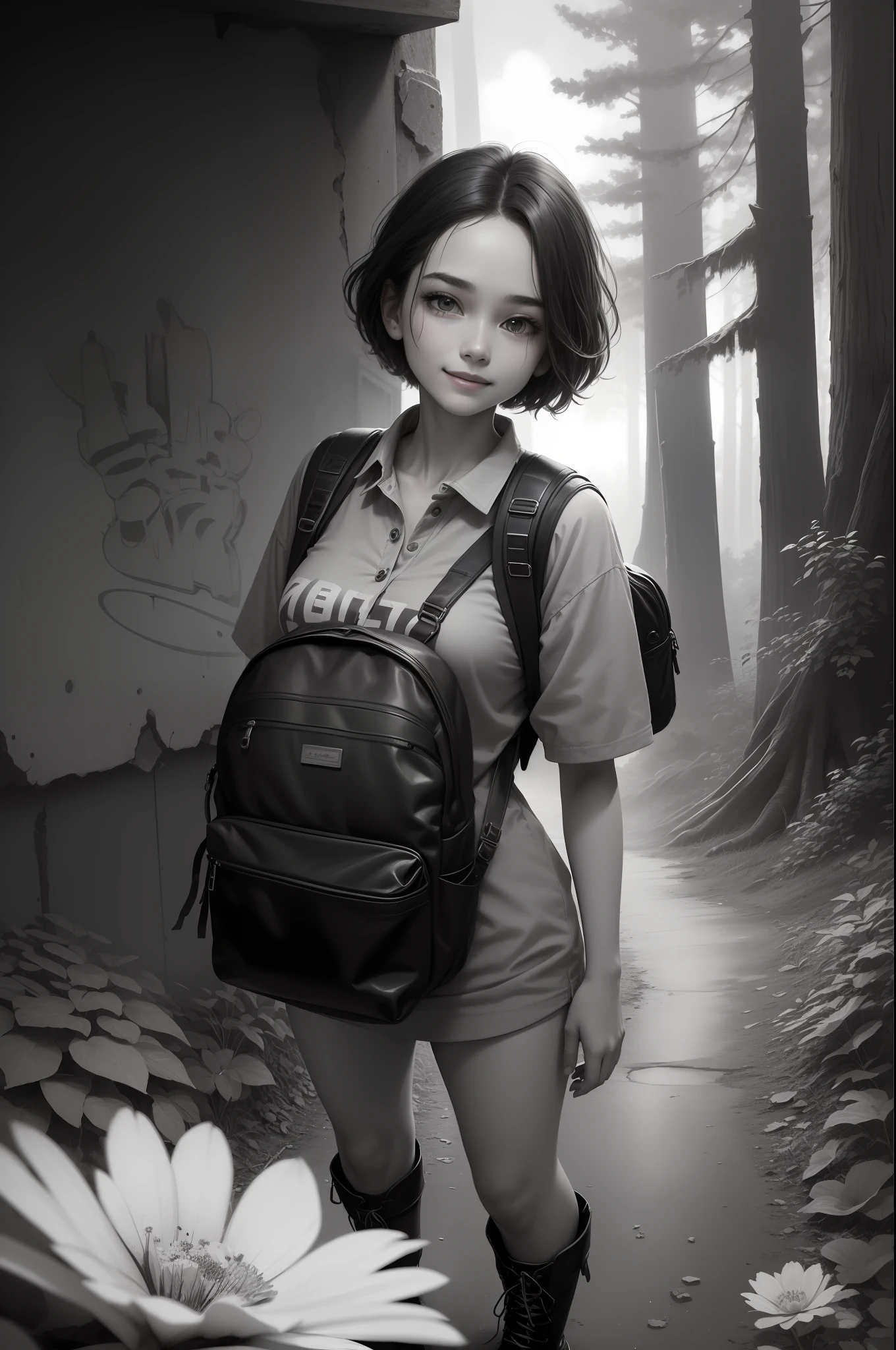 (background ancient ruins), original,(illustration:1.2 black and white),(best quality), (masterpiece:1.2), (extremely detailed 8k unit wallpaper, black and white image, made in HB graphite pencils, (panoramic photo:1.4),(full body:1.05), (splashes),((GRAFFITI)), sharp focus, 1 girl standing, sportsman with backpack on her back and boots, (flowers, woods), outdoors, stones and ruins, make happy expressions, soft, pure smile, beautiful and detailed face and eyes, short hair, soft face, forehead --auto