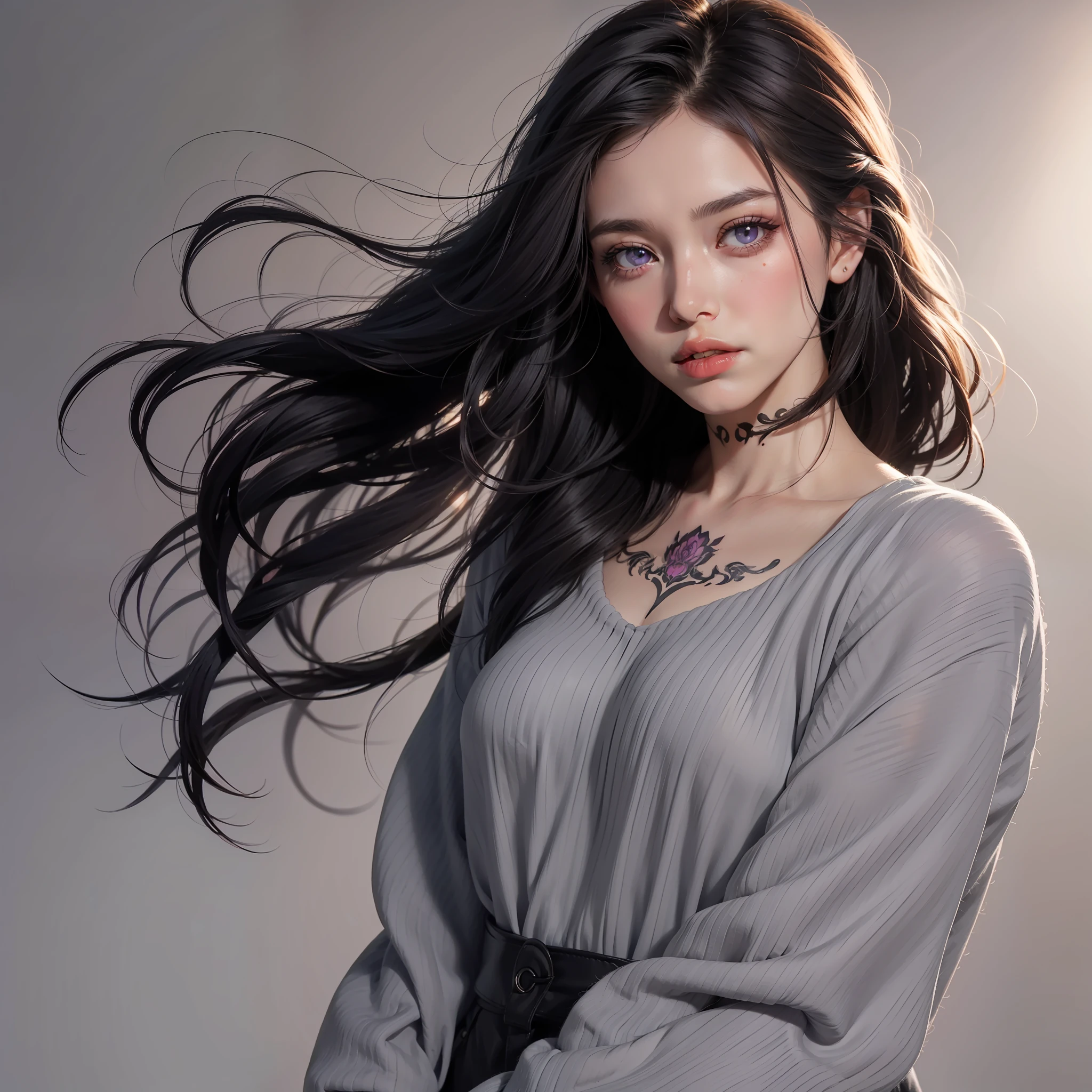 single, long hair, tall image, looking at viewer, blush, violet eyes, black hair, simple background, lips, wind, realistic, grey background, wavy hair, eyeshadow, zombies, Neck tatoo, boca fechada