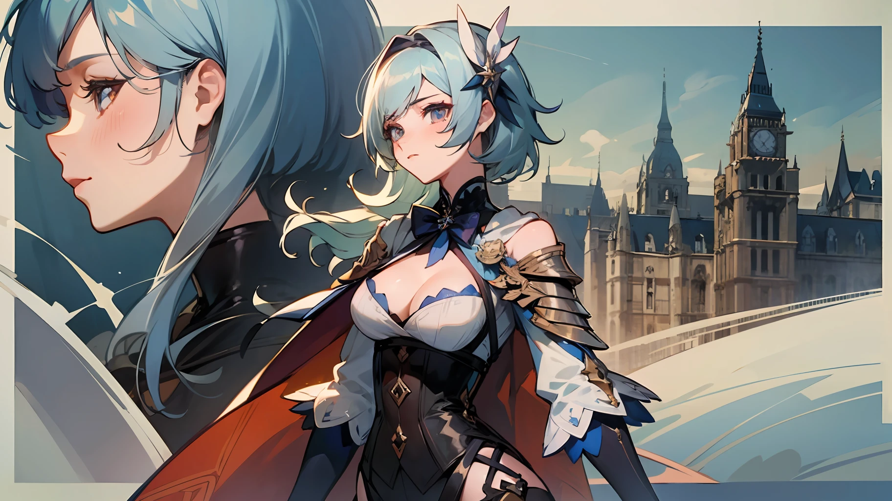 Eula，4k，A high-resolution，the best quality t，Responsible for the details of the details，Role drawings，Information drawings，Entire body，British style，Knight women's clothing，More mature women，Silvery-white curls to the waist，Hairpins，There are small blue flowers on the hairpin，tight corset，Lace trim，gauntlets cleavage cleavage，Asymmetrical stockings，One-shoulder cape，architecture，offical arts，sabattier effect