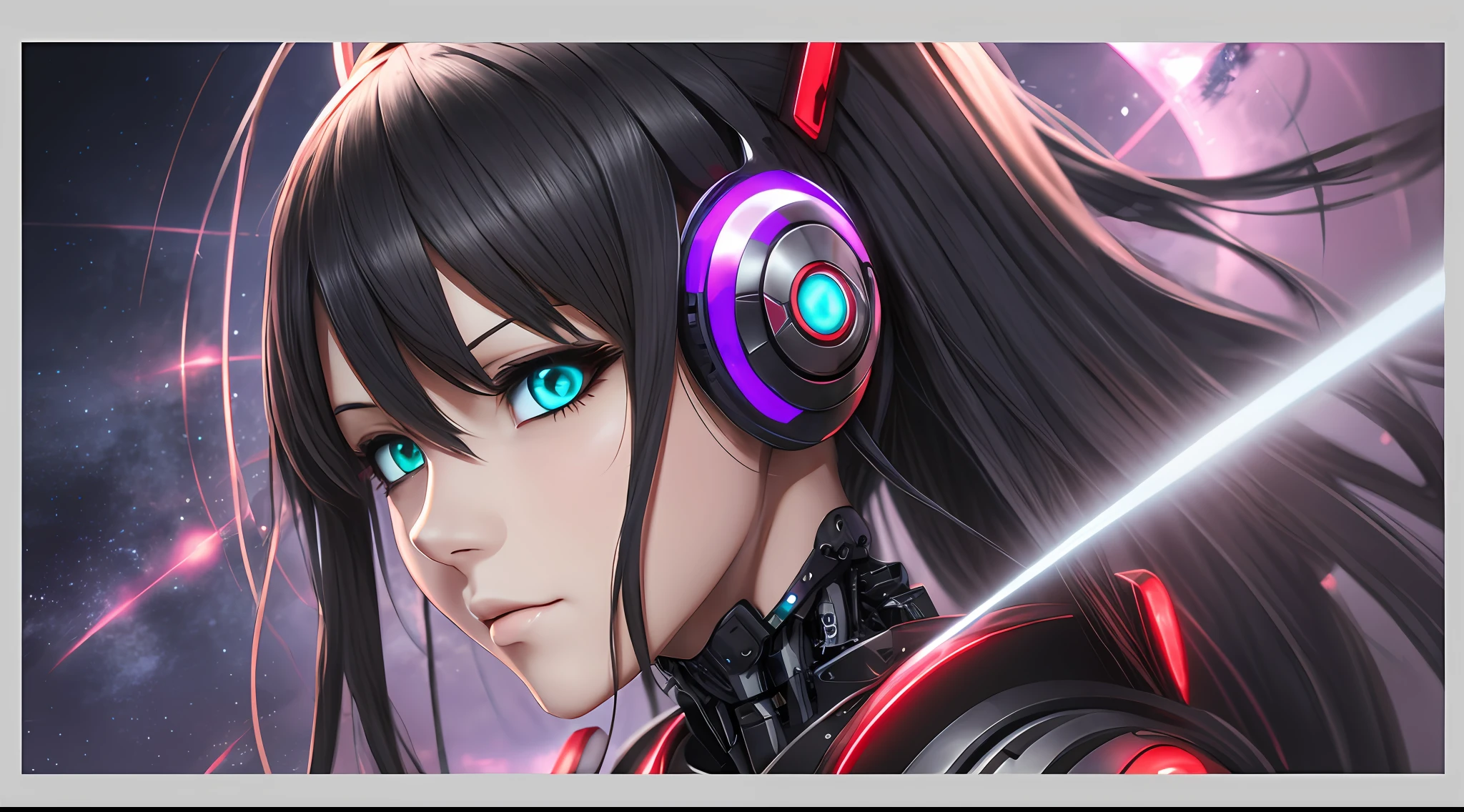 estilo anime Phantasy Star, personagem feminina, android, cabelo preto curto, black pieces, Red Led robot eyes, cybernetic ear, pele branca, 4k