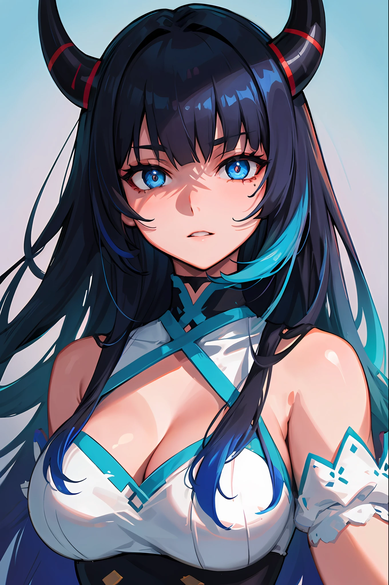 Volumetric Lighting, Best Shadows, Shallow Depth of Field, Portrait Of Stunningly Beautiful Girl, Oni, blue horns, Delicate Beautiful Attractive Face With Intense Blue eyes, Large Breasts, black Hair, blue shadow hair, gradient hair (Highest Quality, Amazing Details:1.25), (Solo:1.3)