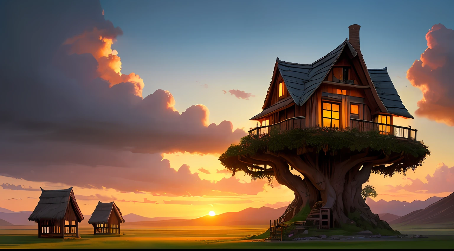 valley, fairytale treehouse village covered, , matte painting, highly detailed, dynamic lighting, cinematic, realism, realistic, photo real, sunset, detailed, high contrast, denoised, centered, michael whelan --auto