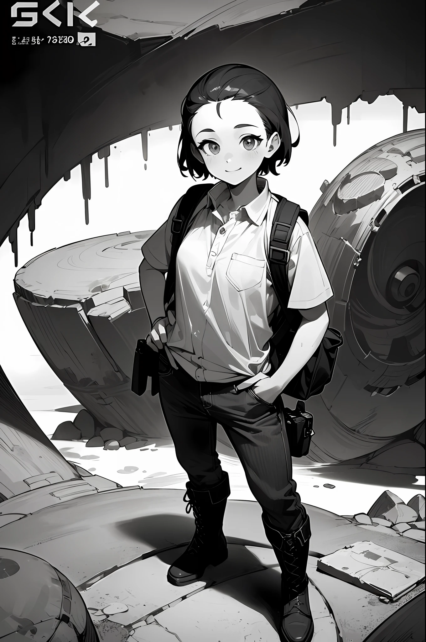(background ancient ruins), original,(illustration:1.2 black and white),(best quality), (masterpiece:1.2), (extremely detailed 8k unit wallpaper, black and white image, made in HB graphite pencils, (panoramic photo:1.4),(full body:1.05), (splashes),((GRAFFITI)), sharp focus, 1 girl standing, sportsman with backpack on her back and boots, (flowers, woods), outdoors, stones and ruins, make happy expressions, soft, pure smile, beautiful and detailed face and eyes, short hair, soft face, forehead --auto