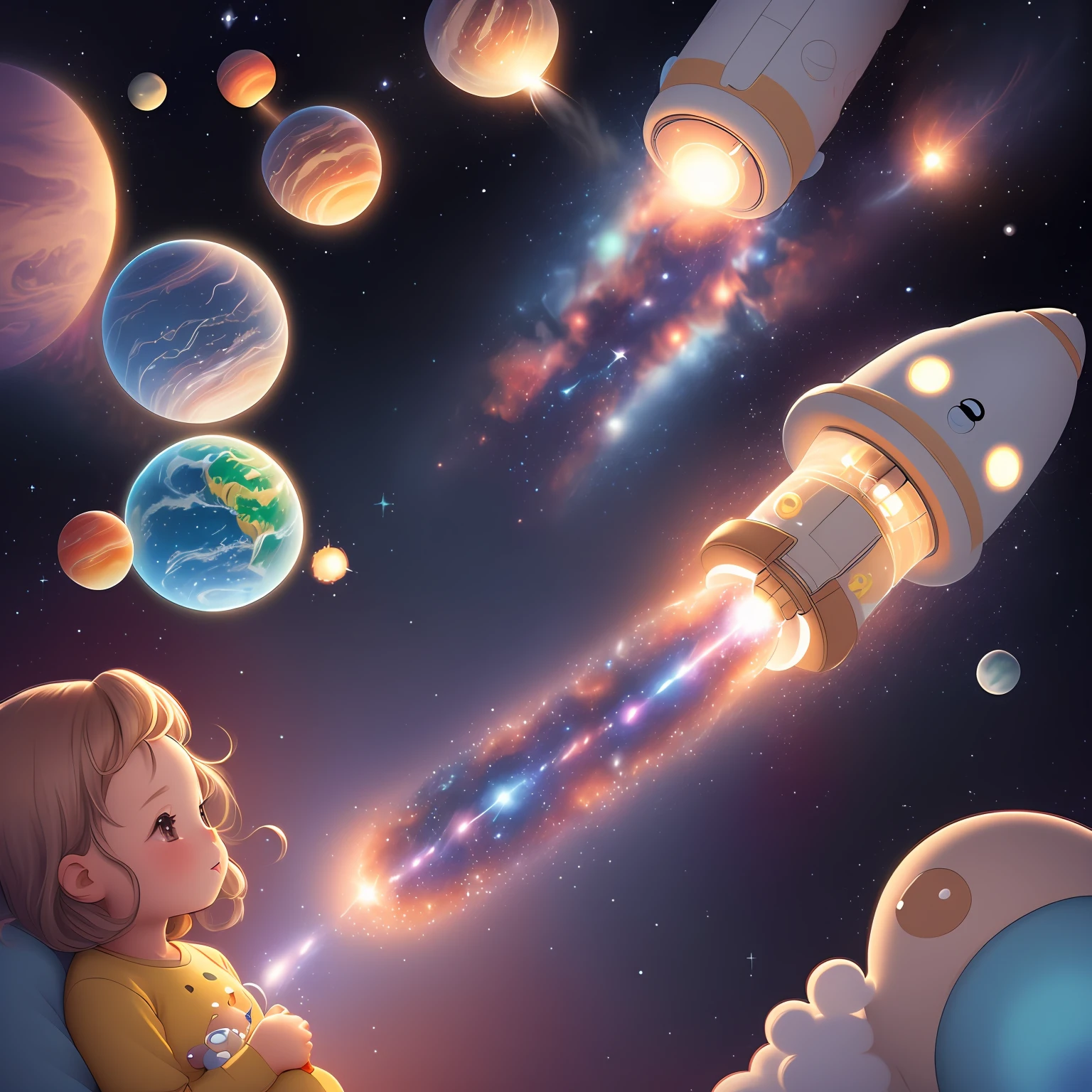 a yellow space shuttle flying over the moon with a girl with curly hair inside the space shuttle waving goodbye and a bear on top of the space shuttle in a helmet and with the nasa suit --auto