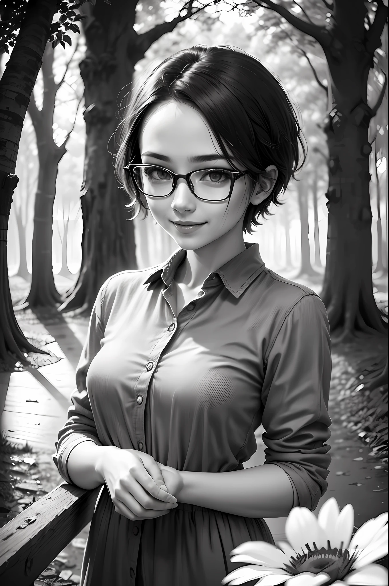 (background ancient ruins), original,(illustration:1.2 black and white),(best quality), (masterpiece:1.2), (extremely detailed 8k unit wallpaper, black and white image, made in HB graphite pencils, (panoramic photo:1.4),(full body:1.05), (splashes),((GRAPHITE)), sharp focus, 1 girl standing, intelligent intellectual, with round and large glasses, (flowers, woods), outdoors,  stones, make happy expressions, soft, pure smile, beautiful and detailed face and eyes, short hair, soft face, forehead --auto