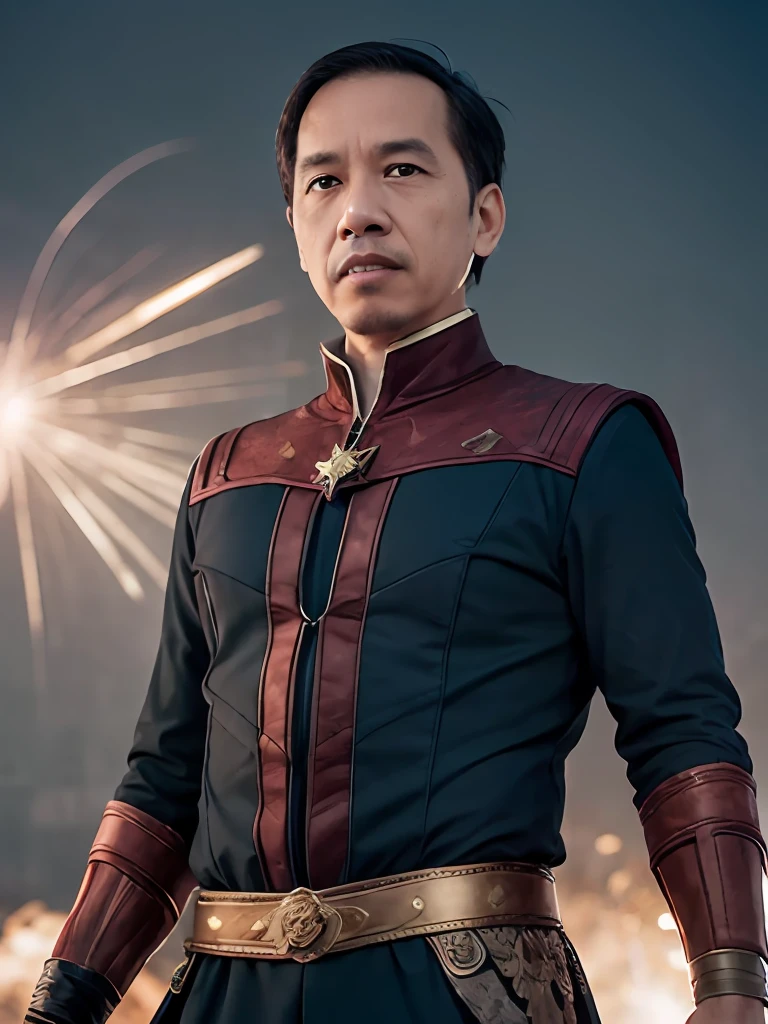 jokowi wear doctor strange outfit, 4k, Best quality, masterpiece, ultra high res, beautiful lighting, (realistic, photo-realistic:1.4), realistic background,1man, 50 years old, standing potrait photo, Long shot, wide shot, full shot, explosion background, use Bolts of Balthakk spell on right hand