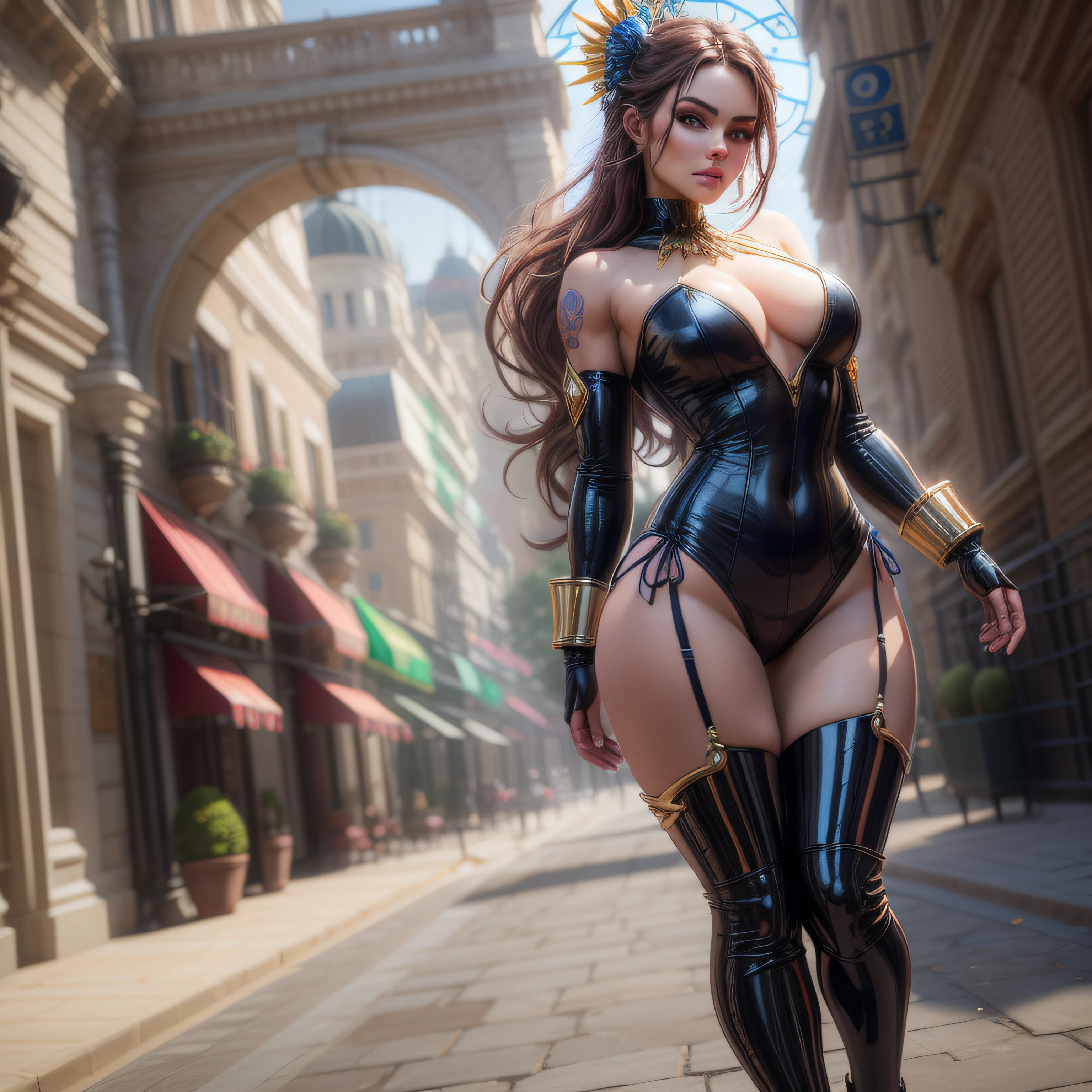 arafed woman in a blue and gold outfit posing in front of a circular window, epic 3 d oshun, artgerm julie bell beeple, goddess. extremely high detail, artstation masterpiece, deviantart artstation cgscosiety, alexandra fomina artstation, wlop art, best of artstation, trending on artstation hd