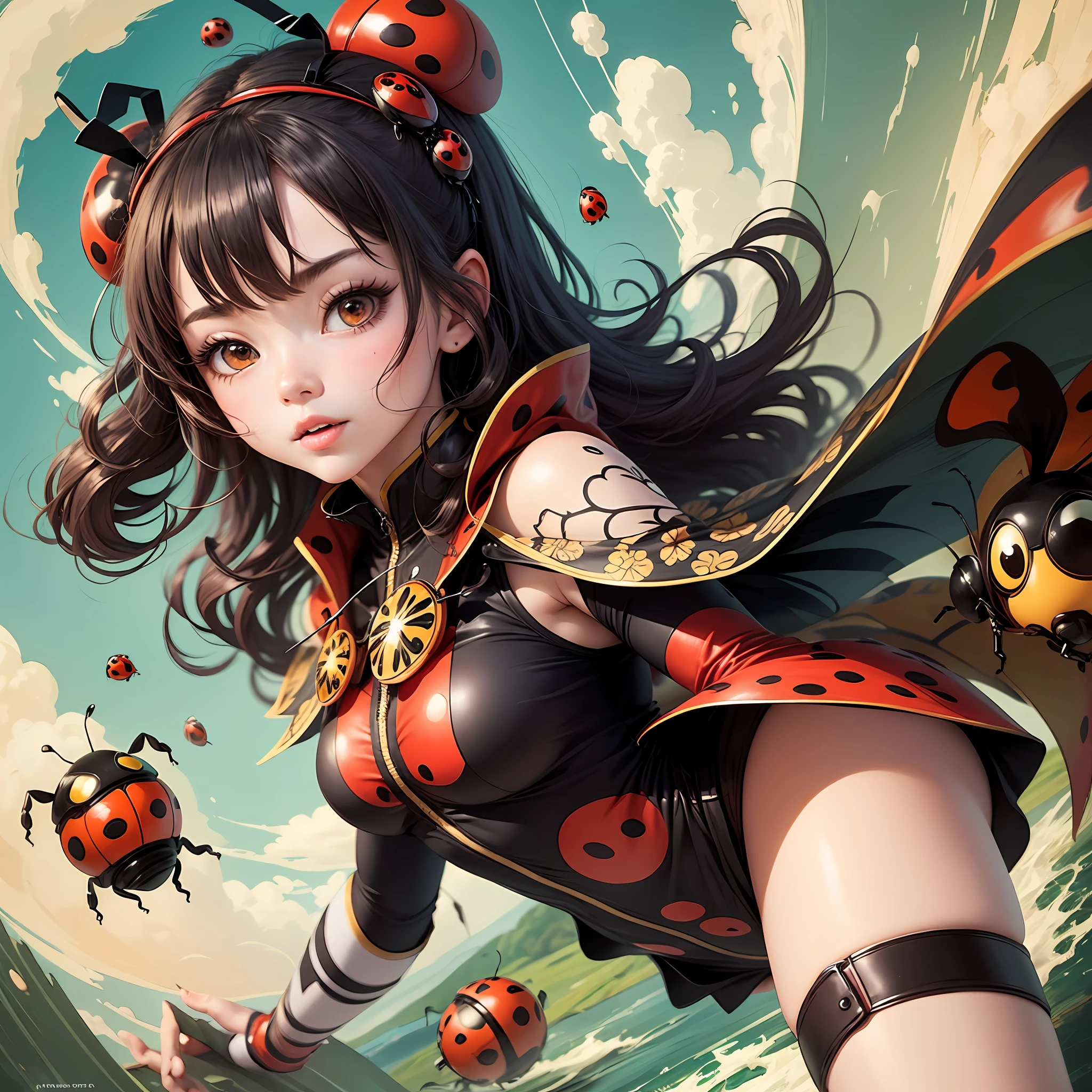 ladybug girl,girl fused with ladybug, red and black dichromatic coloring, anime style, studio ghibli, detailed clothing, ornate chinese influence, girl flying in the air with ladybugs swirling around --auto --s2