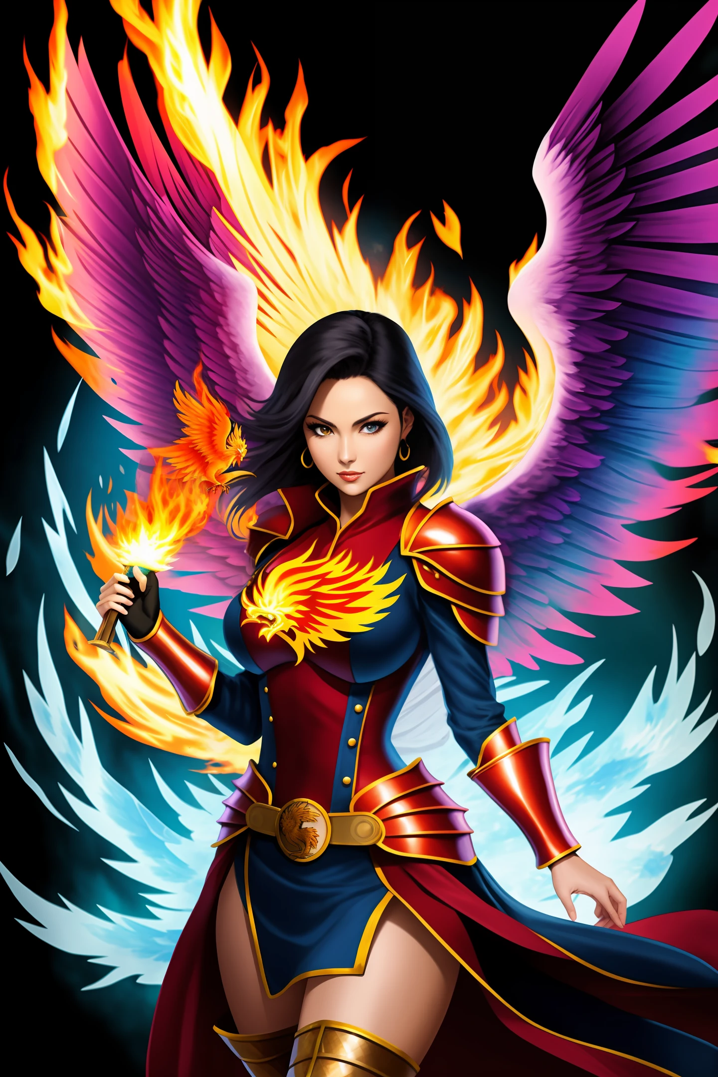 Knight of the zodiac phoenix sexy woman with boobs with fire and phoenix in the background, realista