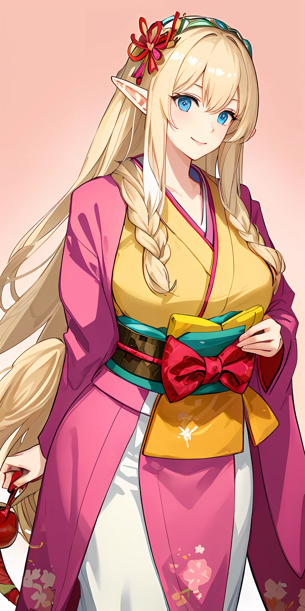 An elf with a large body, long straight yellowish hair, blue eyes, a friendly expression, dressed in a pink kimono, on a Cherry background.